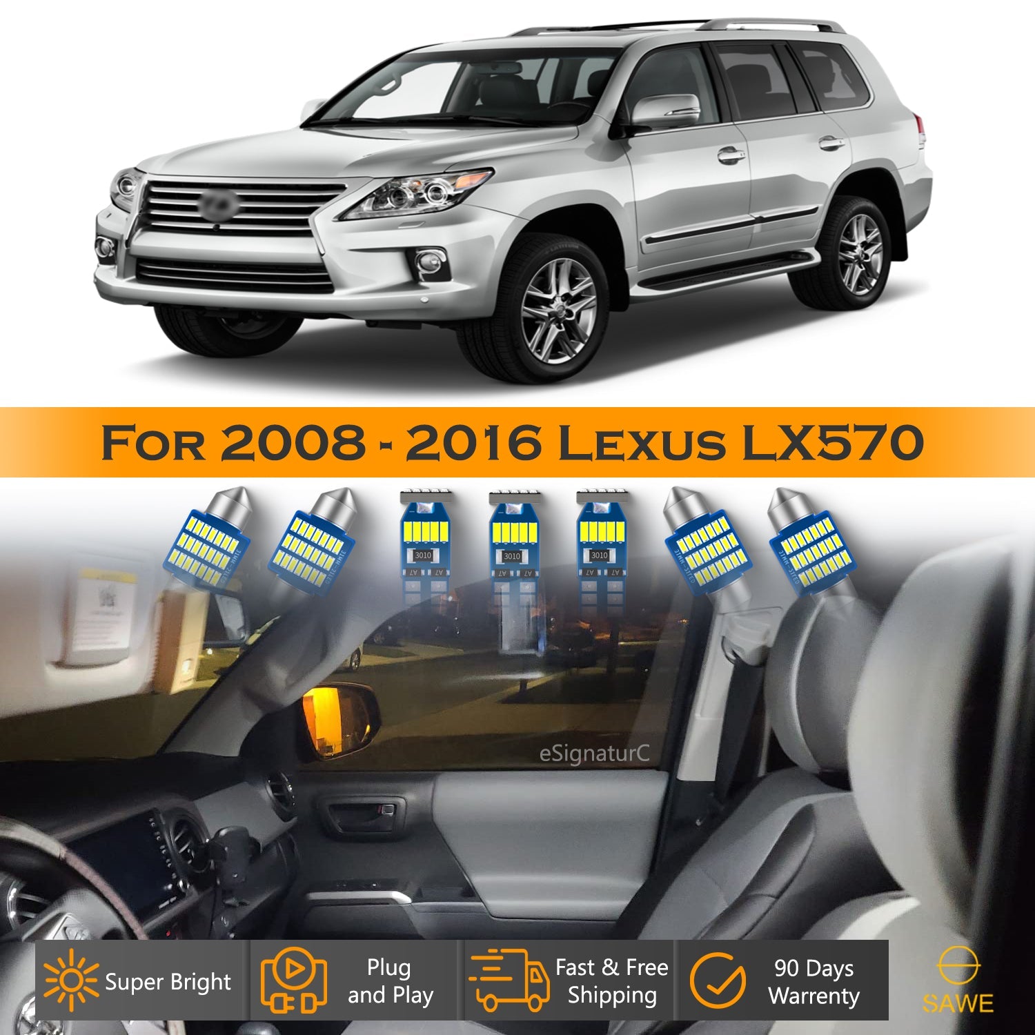 For Lexus LX570 Interior LED Lights - Dome & Map Light Bulbs Package Kit for 2008 - 2016 - White SAWE Lighting