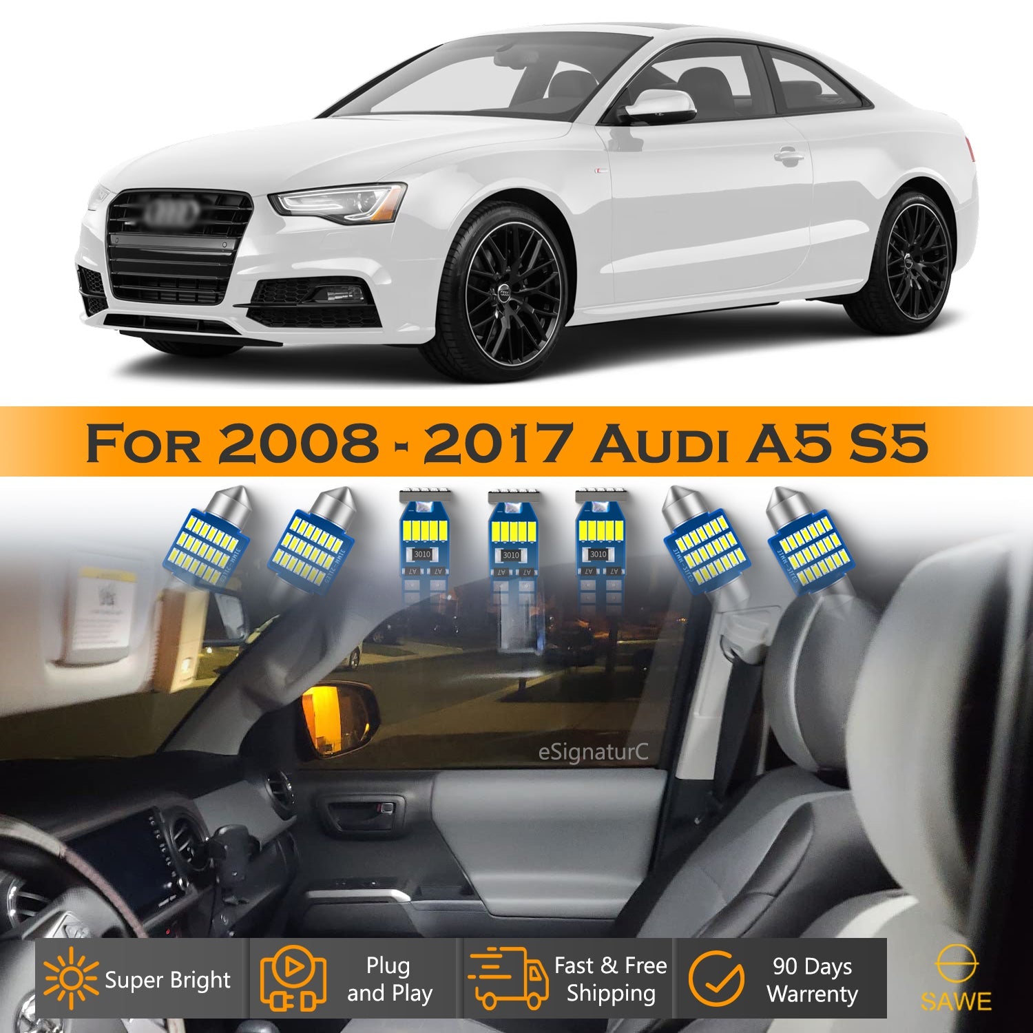 For Audi A5 S5 Interior LED Lights - Dome & Map Light Bulbs Package Kit for 2008 - 2017 - White SAWE Lighting