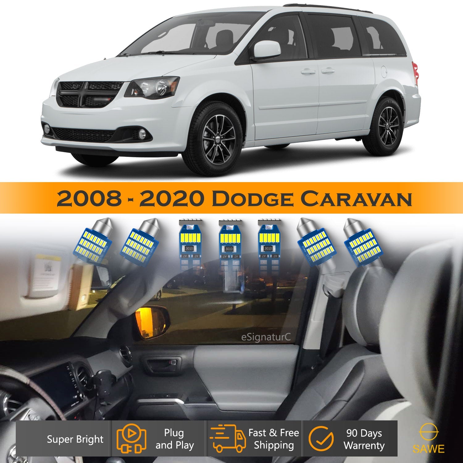 For Dodge Grand Caravan Interior LED Lights - Dome & Map Lights Package Kit for 2008 - 2020 - White SAWE Lighting