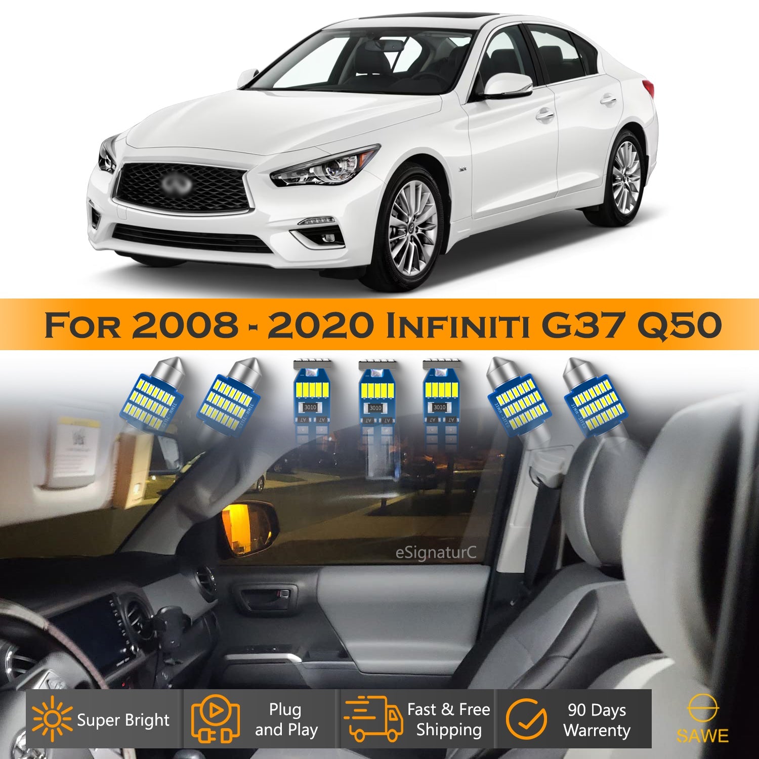 For Infiniti G37 Q50 Interior LED Lights - Dome & Map Light Bulbs Package Kit for 2008 - 2020 - White SAWE Lighting