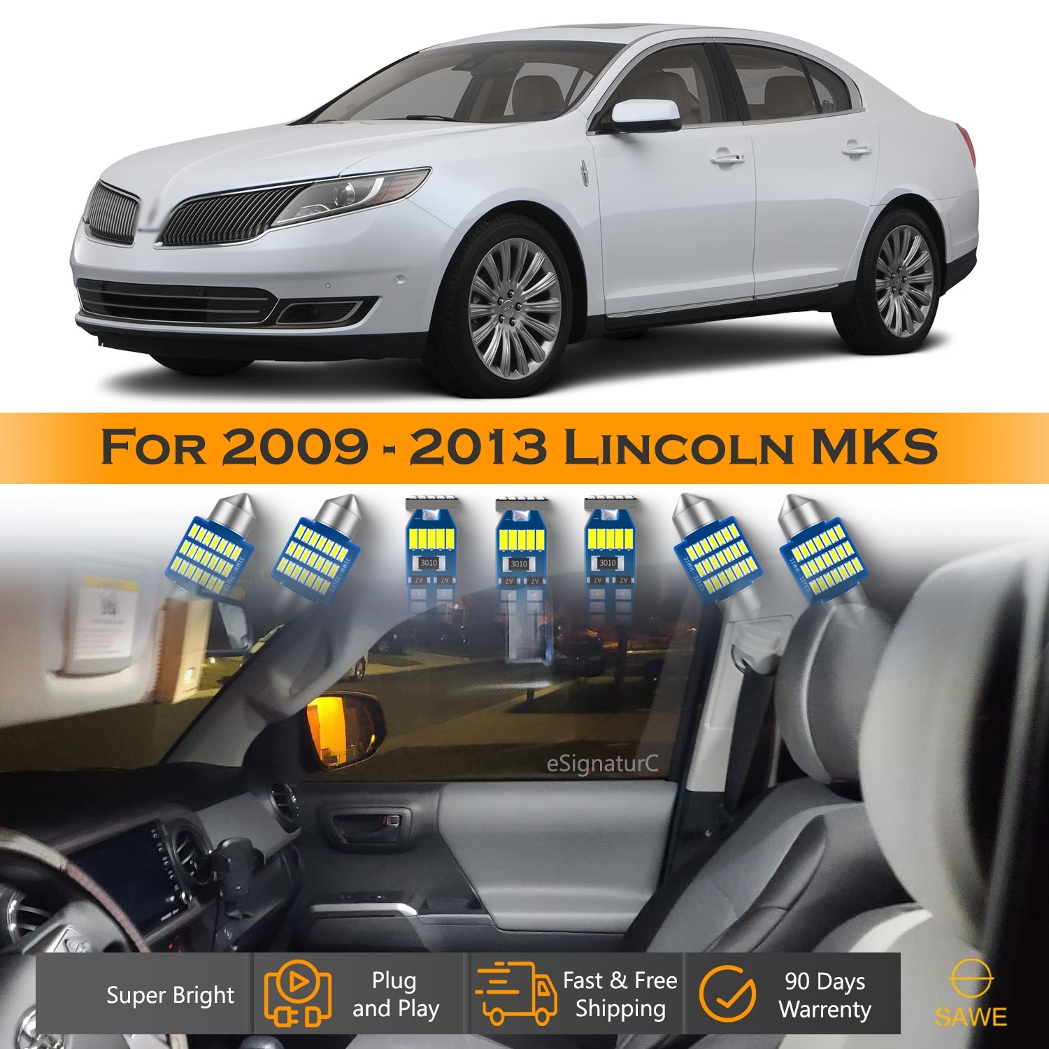 For Lincoln MKS Interior LED Lights - Dome & Map Light Bulb Package Kit for 2009 - 2013 - White SAWE Lighting