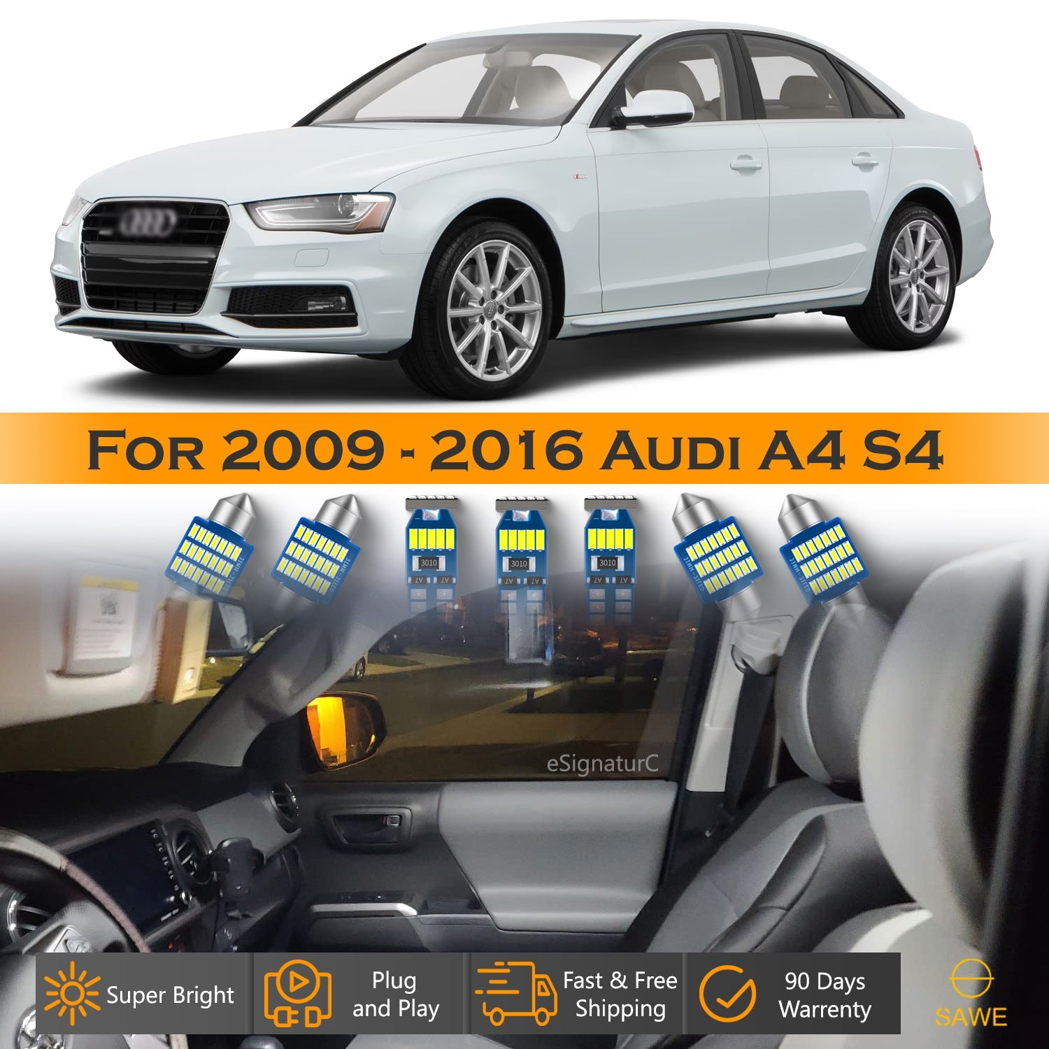 For Audi A4 S4 Interior LED Lights - Dome & Map Light Bulbs Package Kit for 2009 - 2016 - White SAWE Lighting