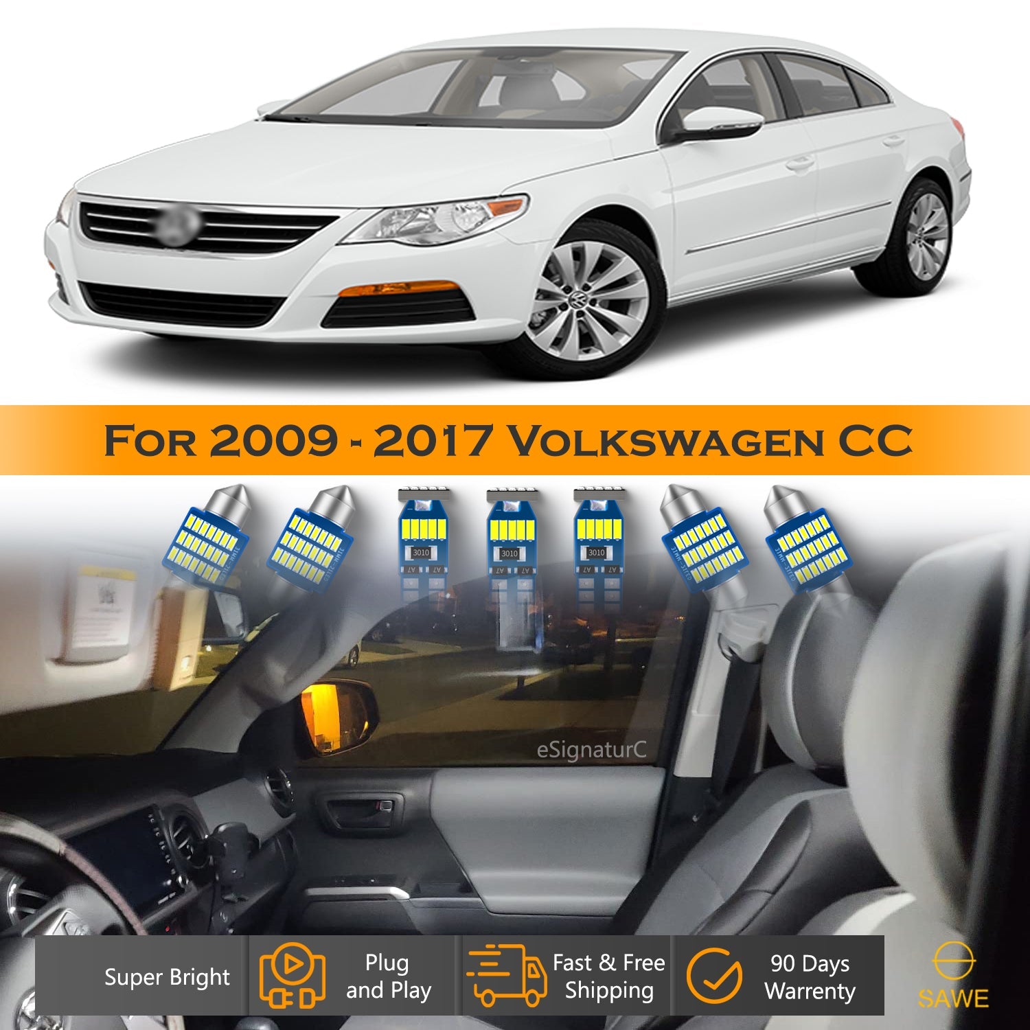 For Volkswagen CC Interior LED Lights - Dome & Map Light Bulbs Package Kit for 2009 - 2017 - White SAWE Lighting