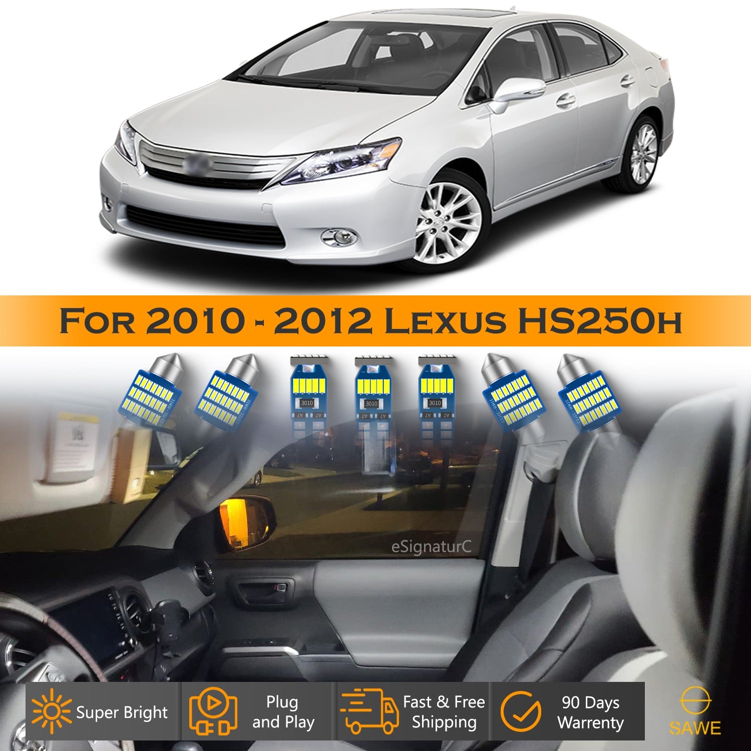 For Lexus HS250h Interior LED Lights - Dome & Map Light Bulbs Package Kit for 2010 - 2012 - White SAWE Lighting