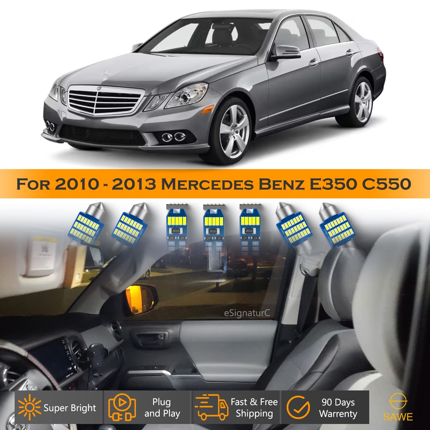 For Mercedes Benz E350 E550 E63 Interior LED Lights - Dome & Map Light Bulb Package Kit for 2010 - 2013 - White SAWE Lighting