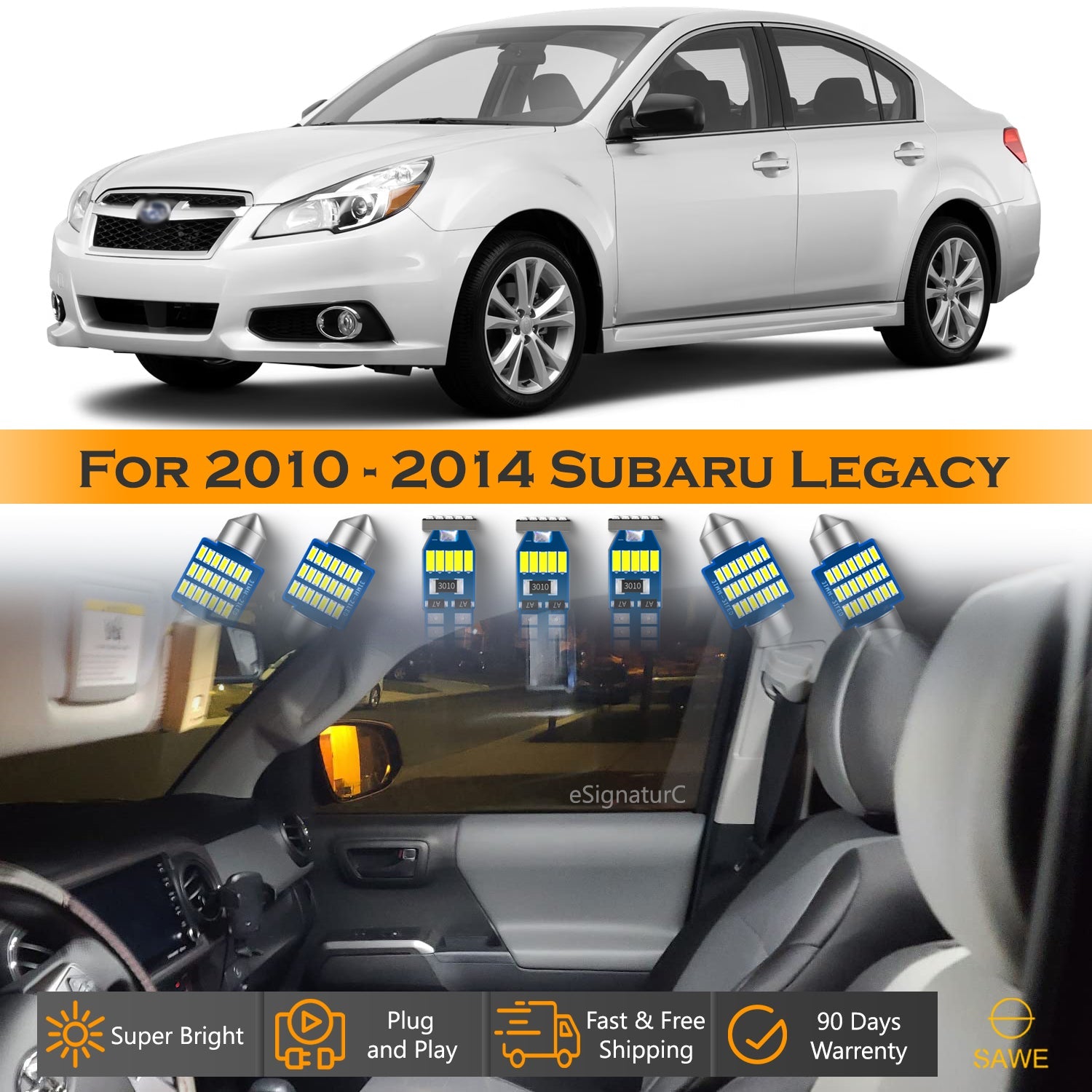 For Subaru Legacy Interior LED Lights - Dome & Map Light Bulbs Package Kit for 2010 - 2014 - White SAWE Lighting