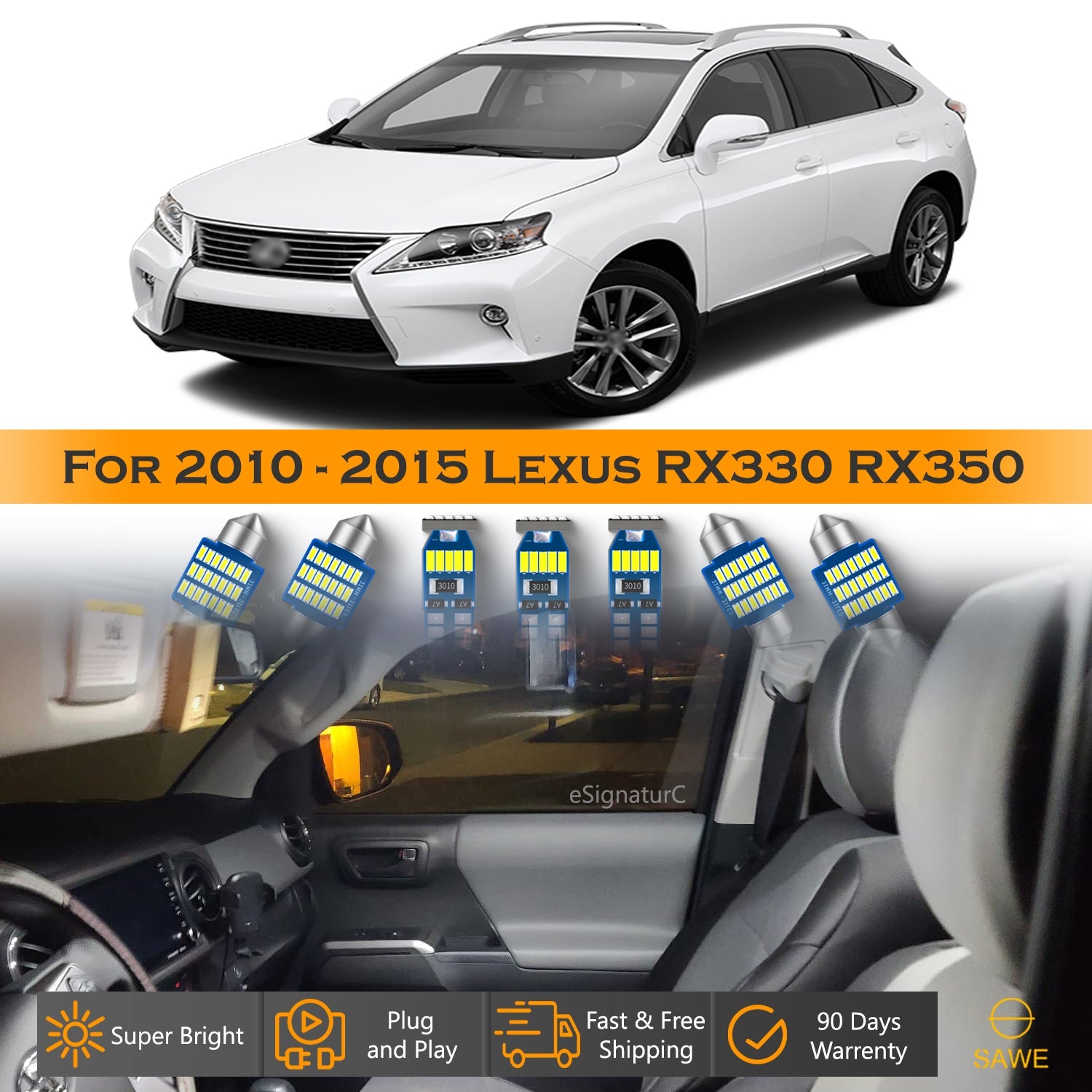 For Lexus RX350 RX450h Interior LED Lights - Dome & Map Light Bulbs Package Kit for 2010 - 2015 - White SAWE Lighting