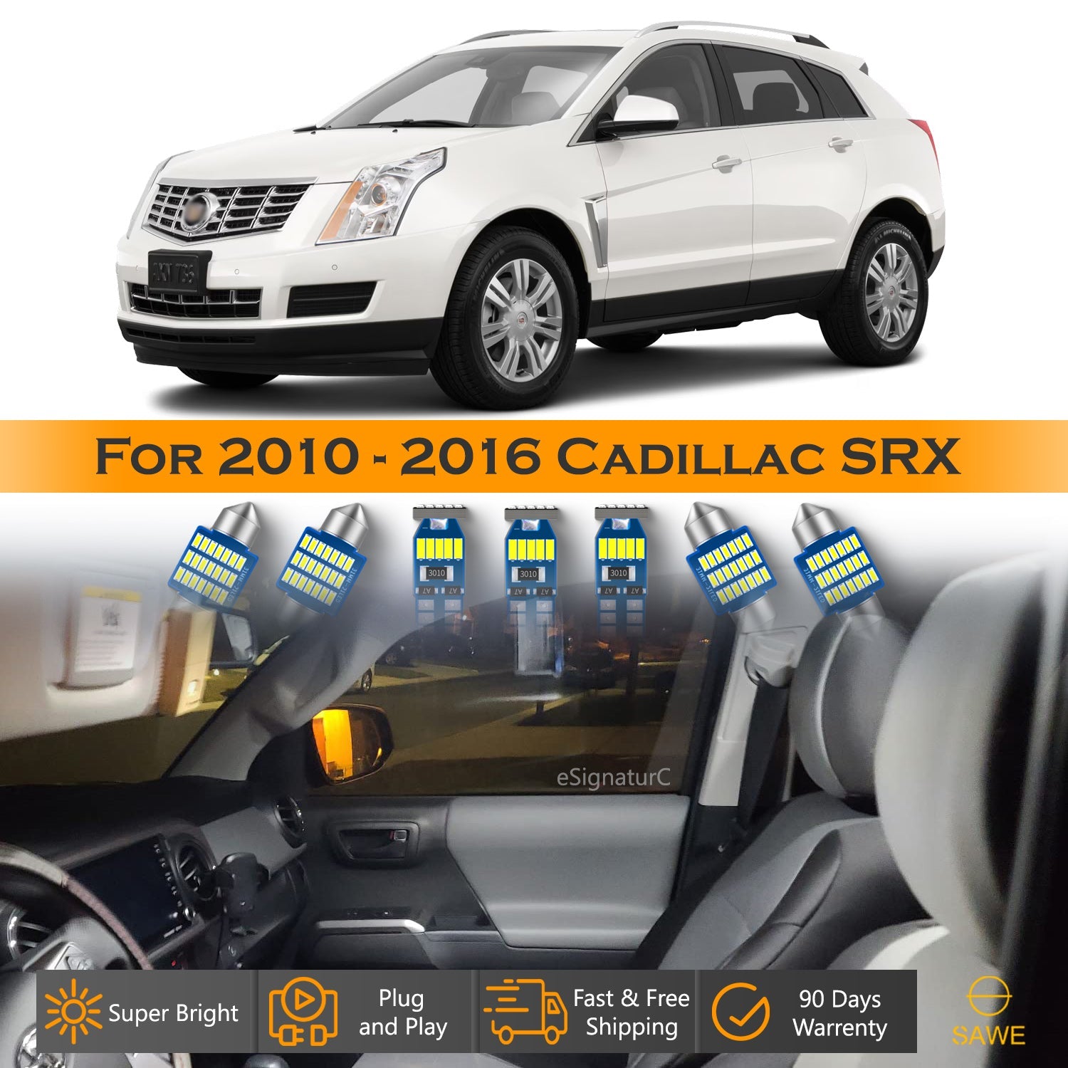 For Cadillac SRX Interior LED Lights - Dome & Map Light Bulbs Package Kit for 2010 - 2016 - White SAWE Lighting