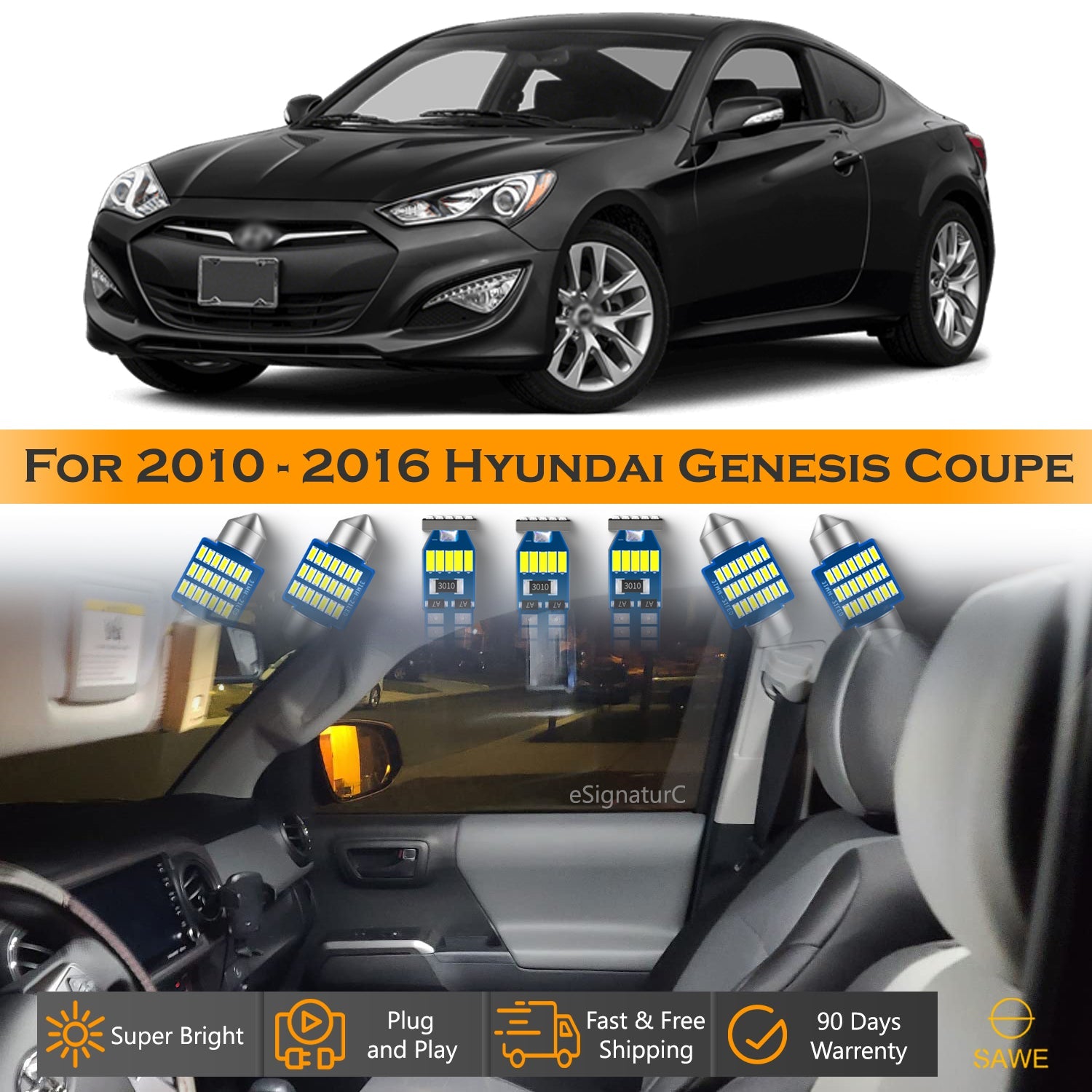 For Hyundai Genesis Coupe Interior LED Lights - Dome & Map Light Bulbs Package Kit for 2010 - 2016 - White SAWE Lighting