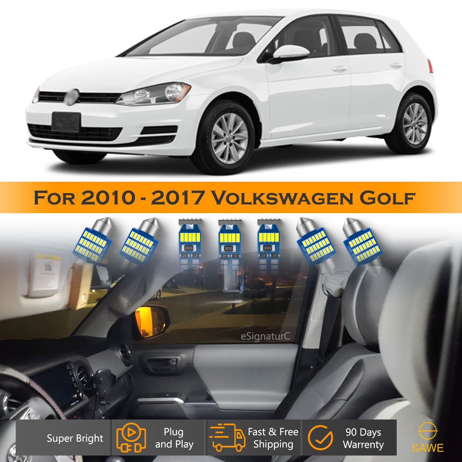 For Volkswagen Golf GTi Interior LED Lights - Dome & Map Light Bulbs Package Kit for 2010 - 2017 - White SAWE Lighting