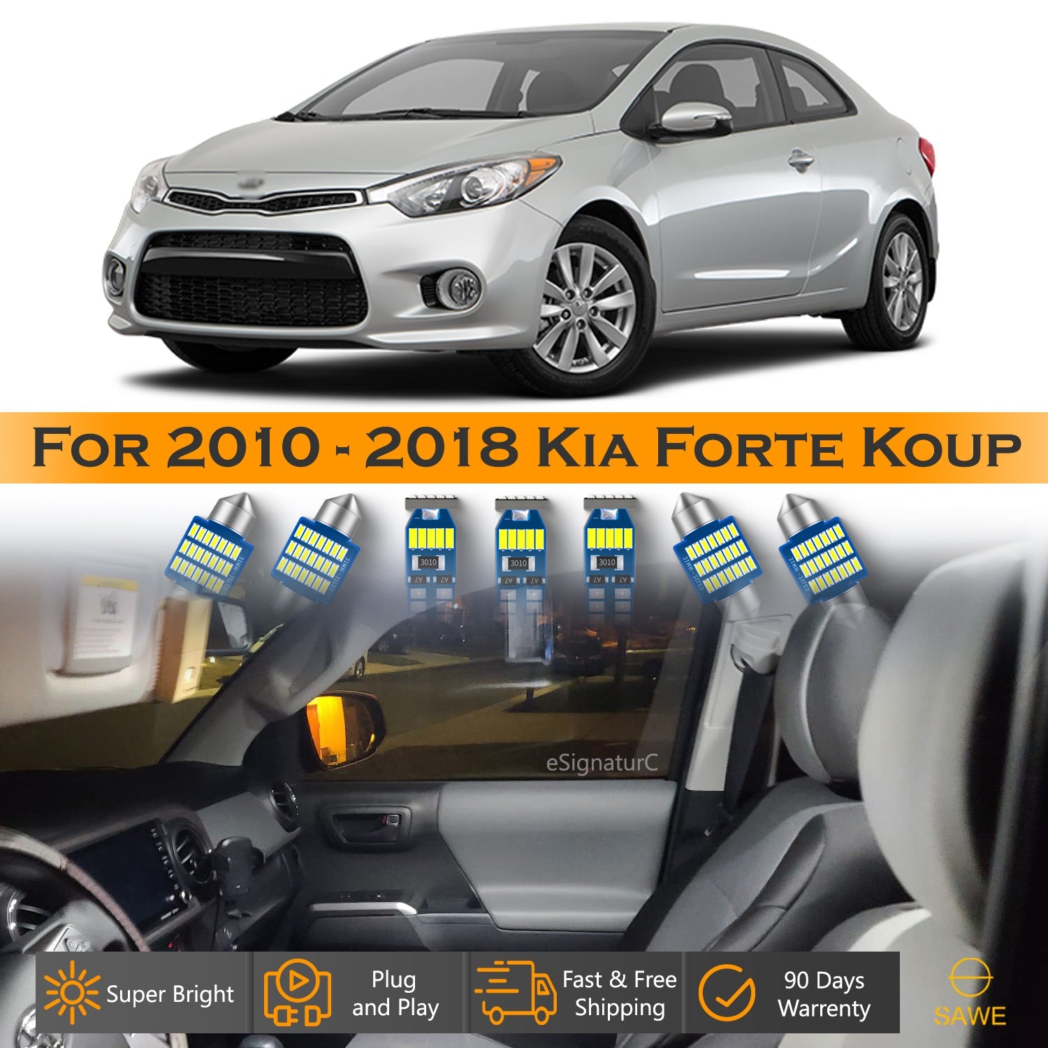 For Kia Forte Koup Interior LED Lights - Dome & Map Light Bulbs Package Kit for 2010 - 2018 - White SAWE Lighting