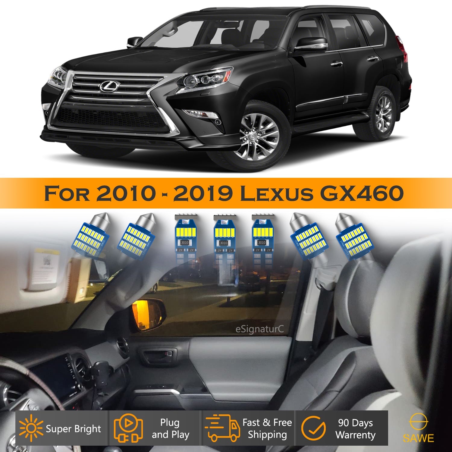 For Lexus GX460 Interior LED Lights - Dome & Map Light Bulbs Package Kit for 2010 - 2019 - White SAWE Lighting