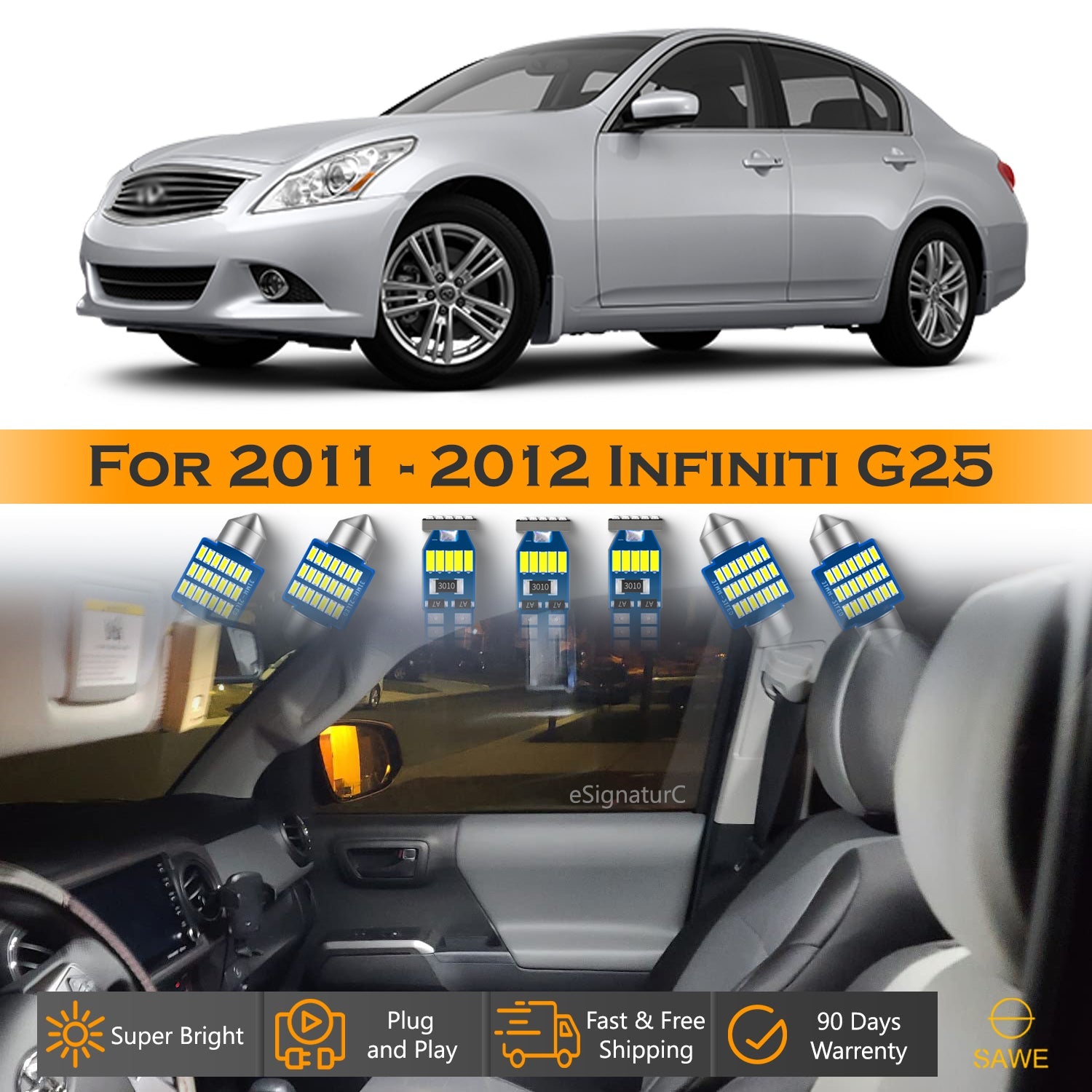 For Infiniti G25 Interior LED Lights - Dome & Map Light Bulbs Package Kit for 2011 - 2012 - White SAWE Lighting
