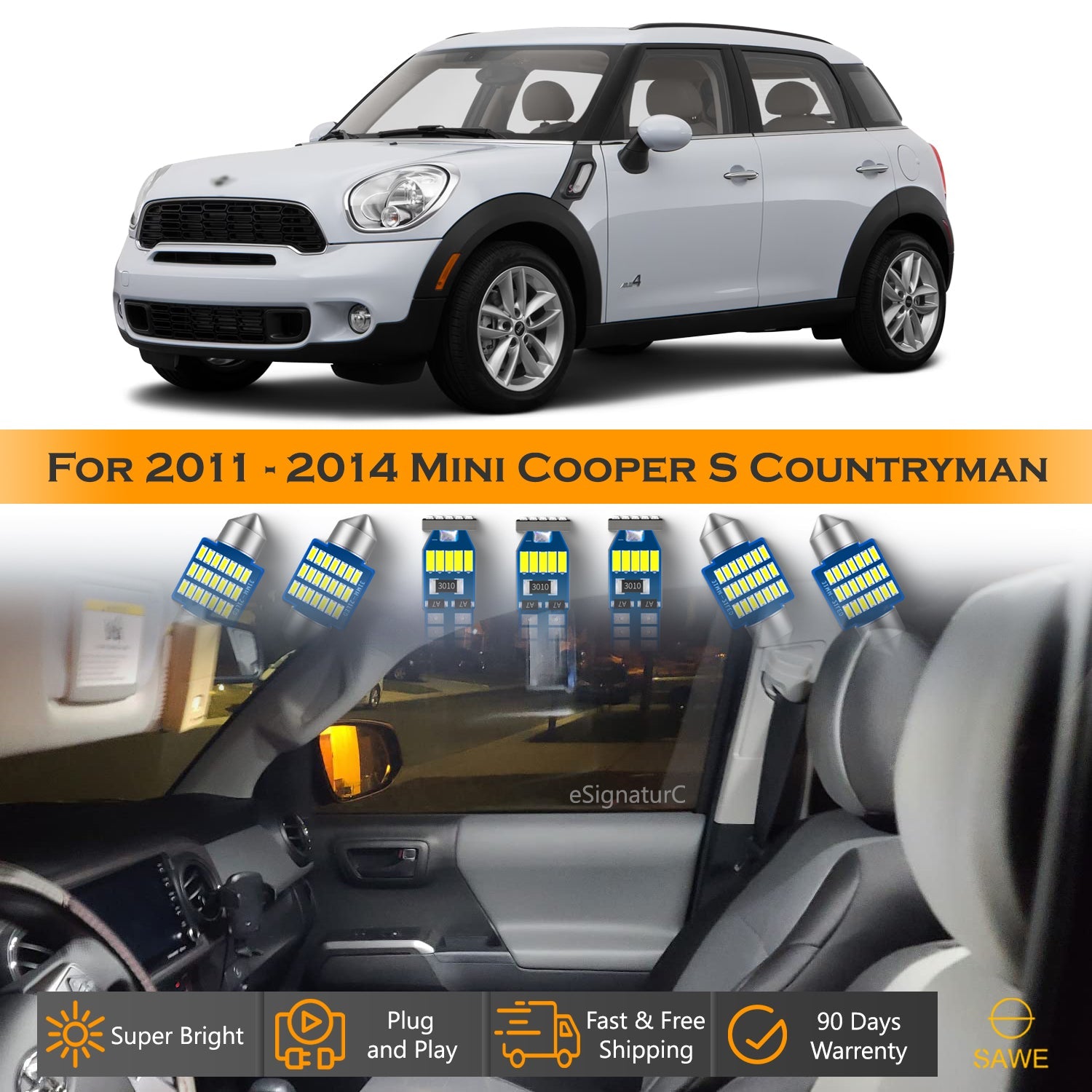 For Mini Cooper Countryman Interior LED Lights - Dome & Map Light Bulb Package Kit for 2011 - 2014 - White SAWE Lighting