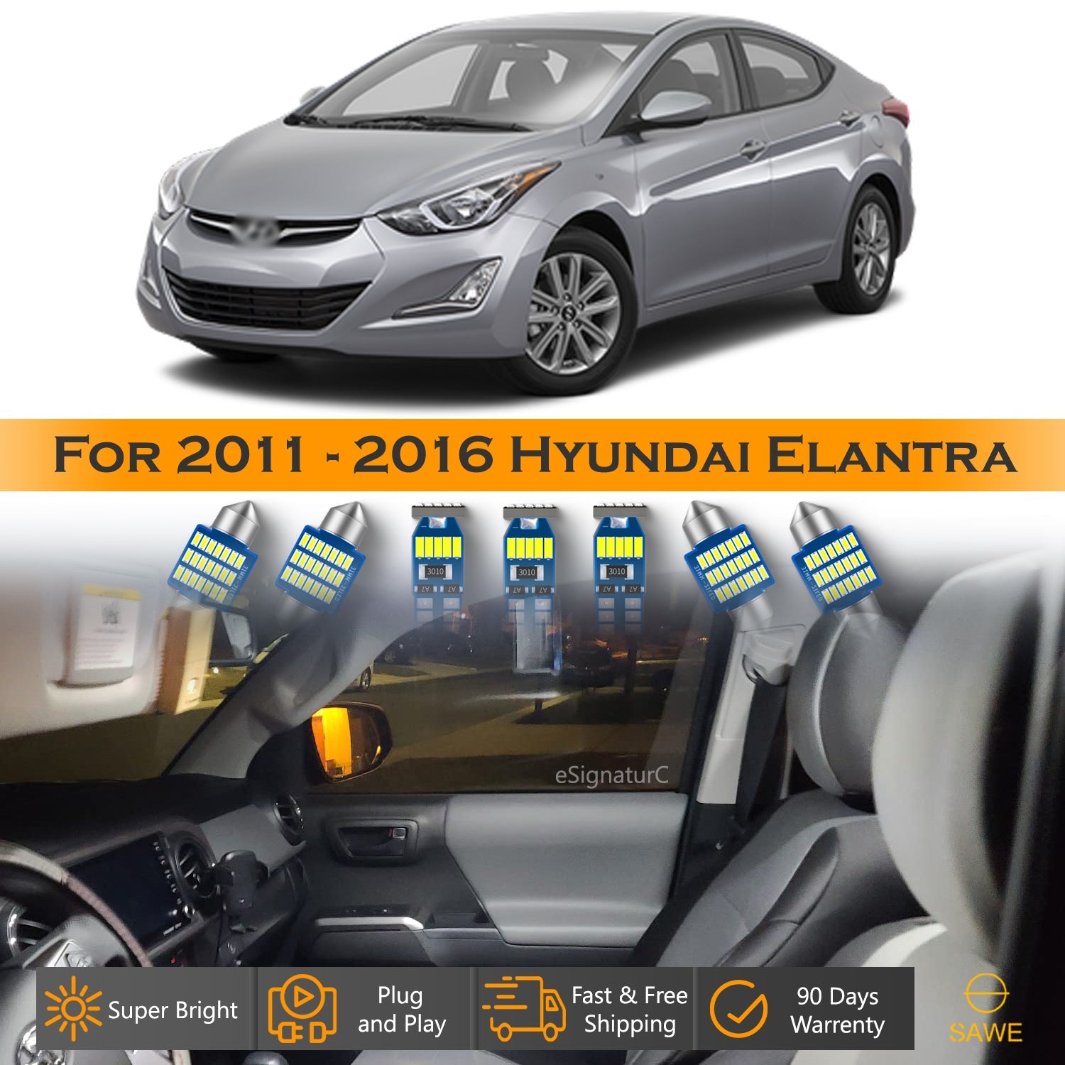 For Hyundai Elantra Interior LED Lights - Dome & Map Light Bulbs Package Kit for 2011 - 2016 - White SAWE Lighting