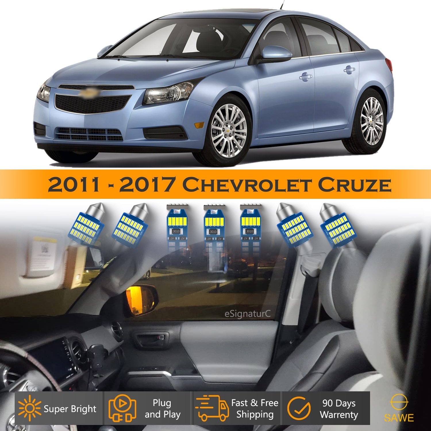 For Chevrolet Cruze Interior LED Lights - Dome & Map Lights Package Kit for 2011 - 2017 - White SAWE Lighting