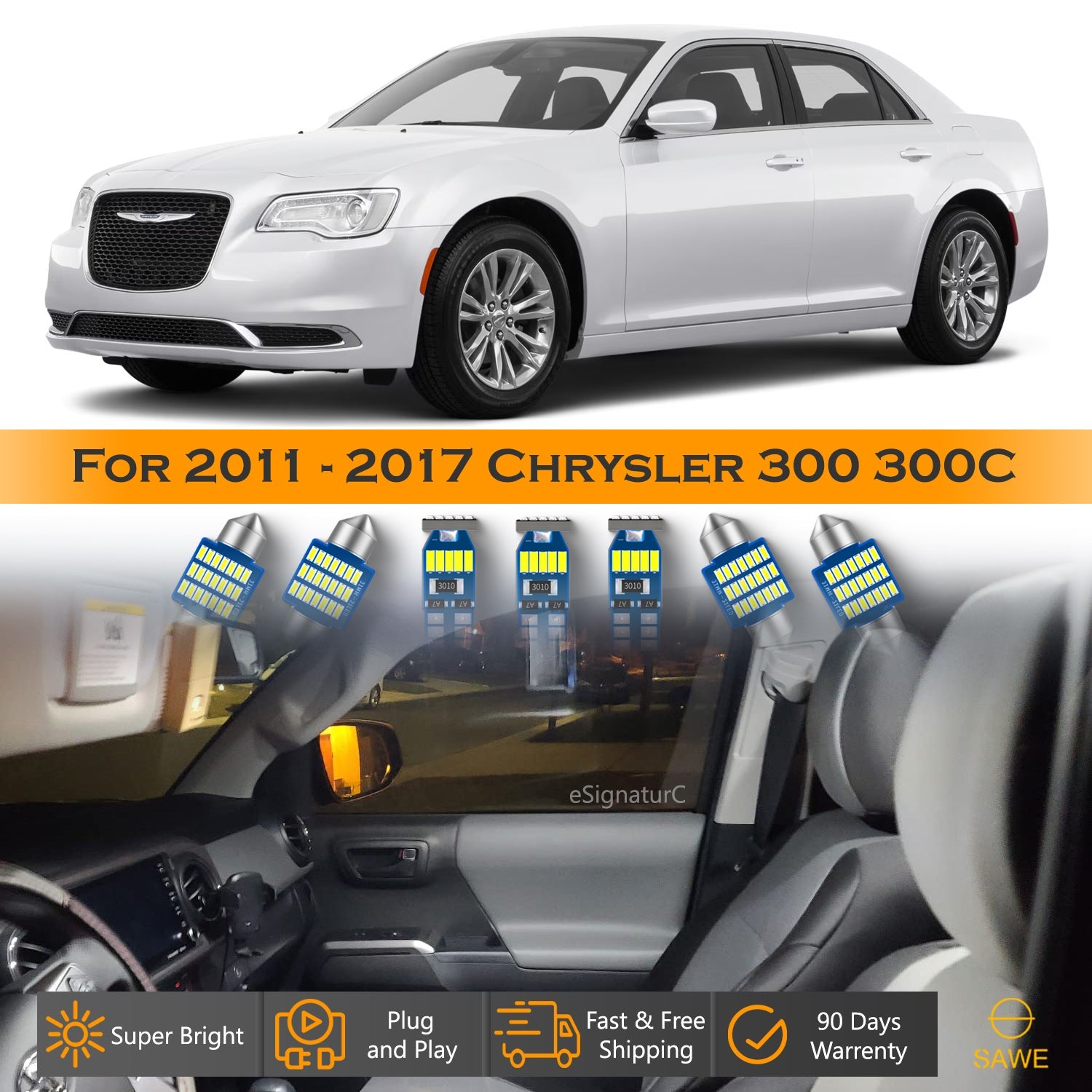 For Chrysler 300 300C Interior LED Lights - Dome & Map Light Bulbs Package Kit for 2011 - 2017 - White SAWE Lighting