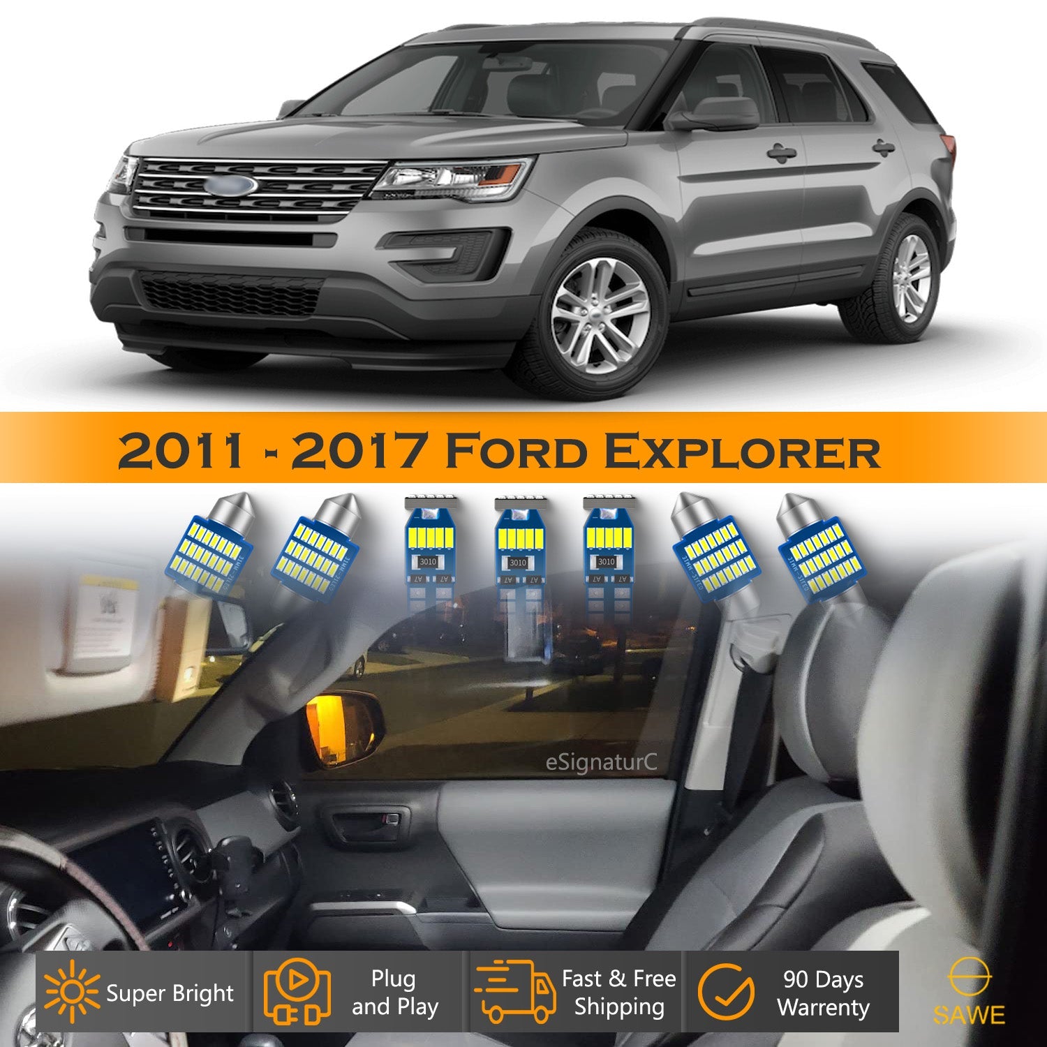 For Ford Explorer Interior LED Lights - Dome & Map Light Bulbs Package Kit for 2011 - 2019 - White SAWE Lighting