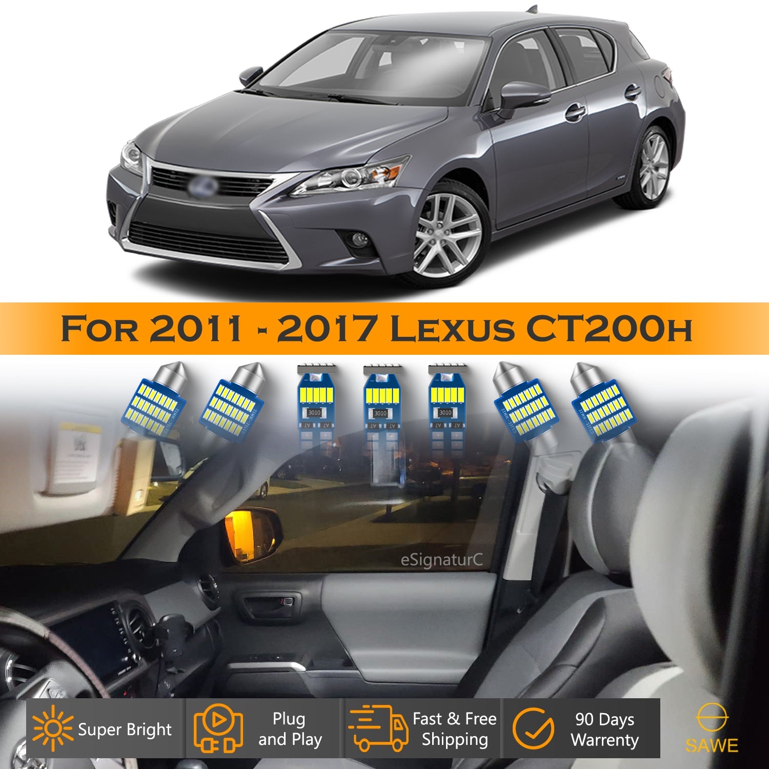 For Lexus CT200h Interior LED Lights - Dome & Map Light Bulbs Package Kit for 2011 - 2017 - White SAWE Lighting