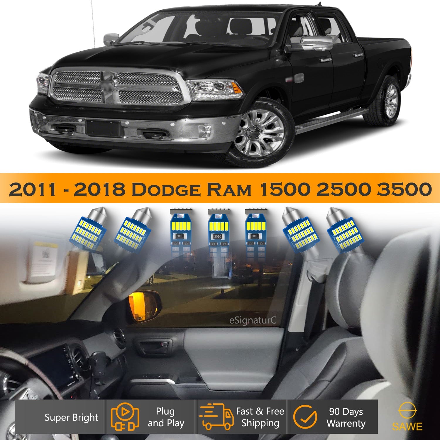 For Dodge Ram 1500 2500 3500 Interior LED Lights - Dome & Map Lights Package Kit for 2011 - 2018 - White SAWE Lighting