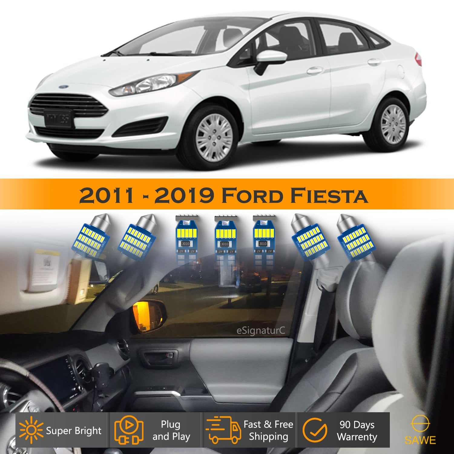 For Ford Fiesta Interior LED Lights - Dome & Map Light Bulbs Package Kit for 2011 - 2019 - White SAWE Lighting