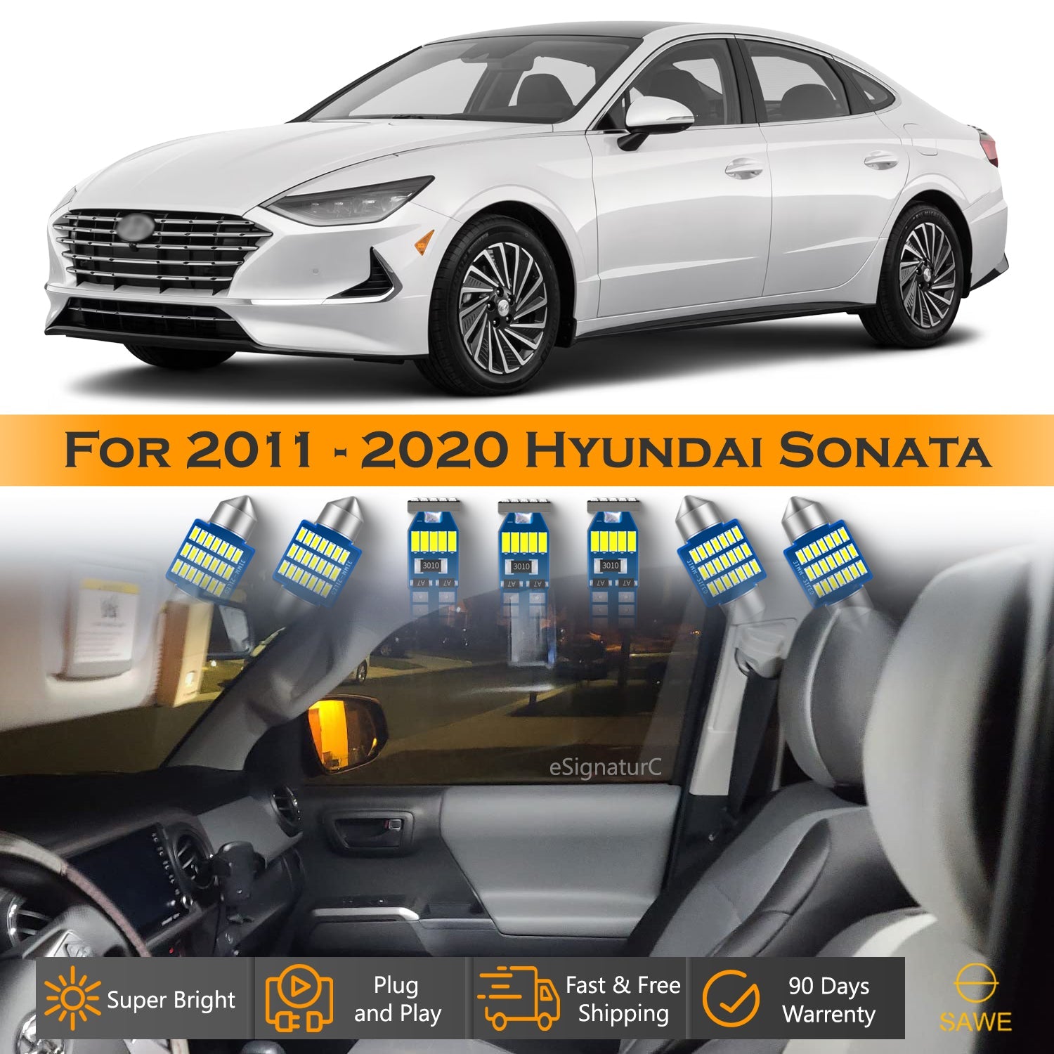 For Hyundai Sonata Interior LED Lights - Dome & Map Light Bulbs Package Kit for 2011 - 2020 - White SAWE Lighting