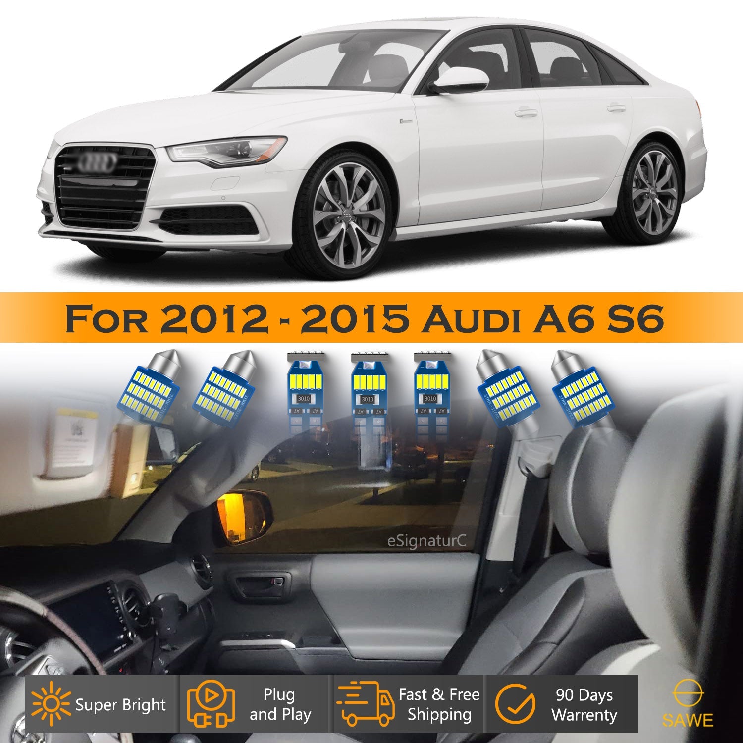 For Audi A6 S6 Interior LED Lights - Dome & Map Light Bulb Package Kit for 2012 - 2015 - White SAWE Lighting