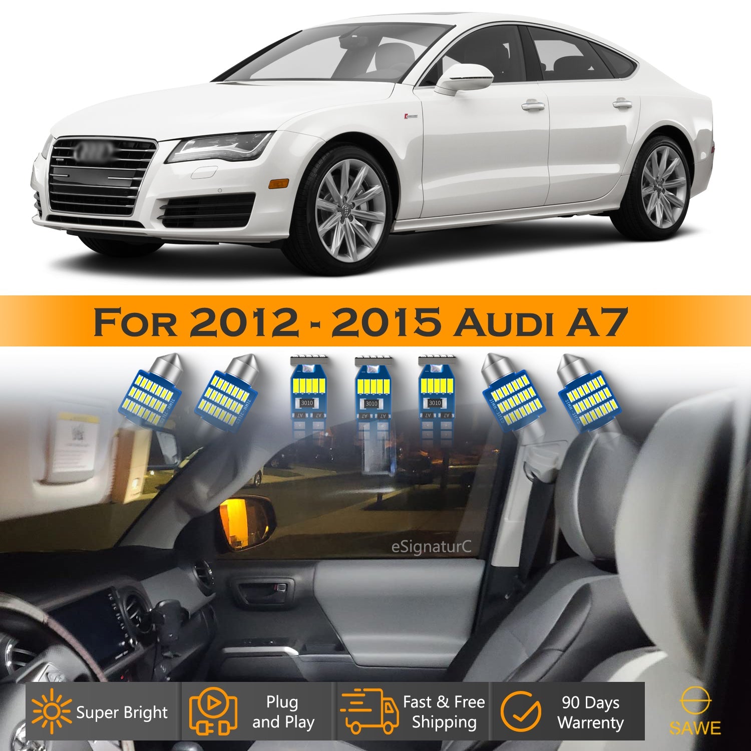 For Audi A7 Interior LED Lights - Dome & Map Light Bulb Package Kit for 2012 - 2016 - White SAWE Lighting