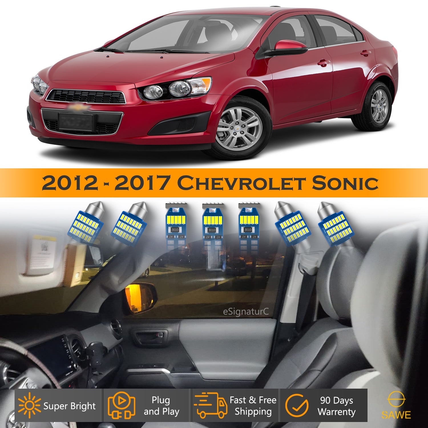 For Chevrolet Sonic Interior LED Lights - Dome & Map Lights Package Kit for 2012 - 2017 - White SAWE Lighting