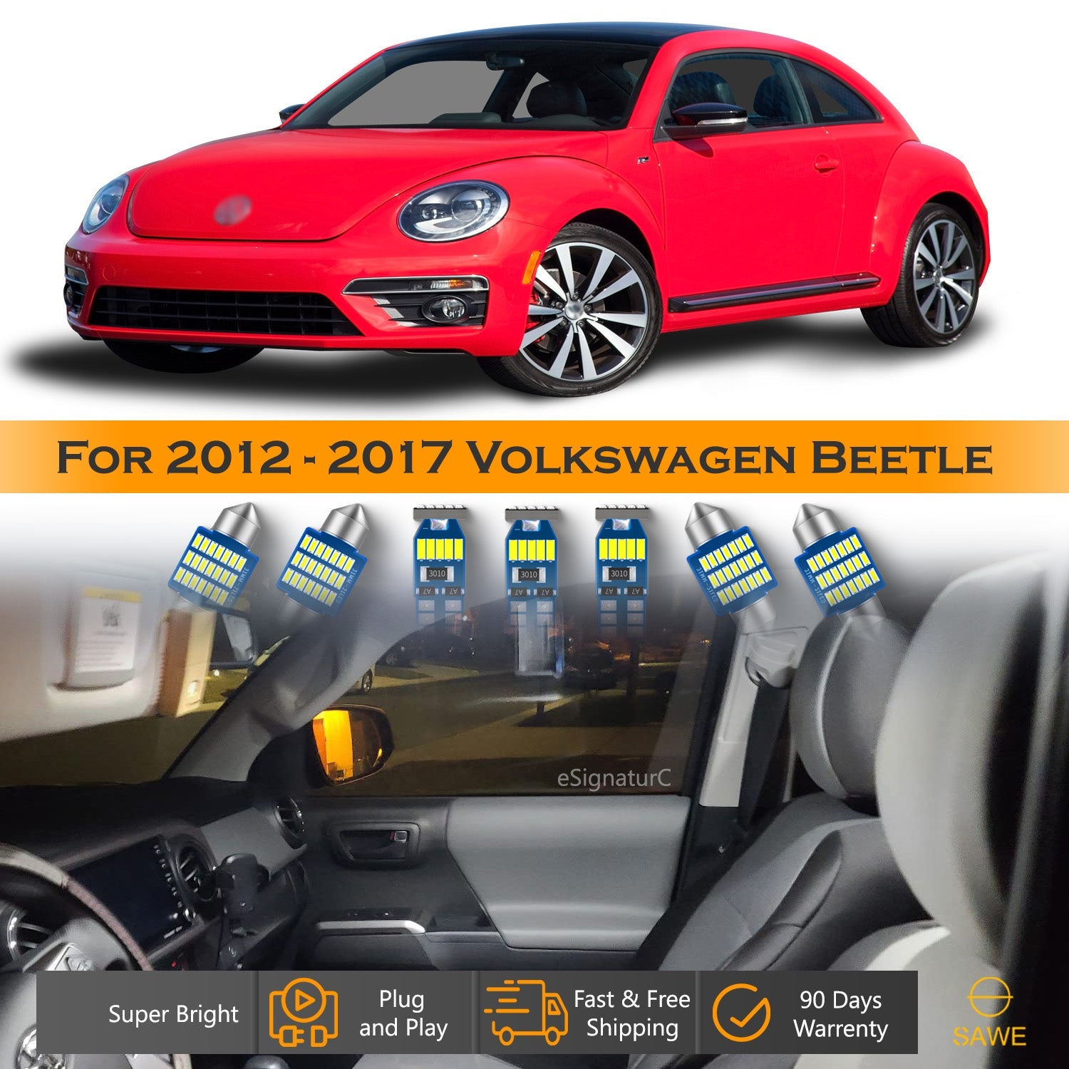 For Volkswagen Beetle Interior LED Lights - Dome & Map Light Bulbs Package Kit for 2012 - 2017 - White SAWE Lighting