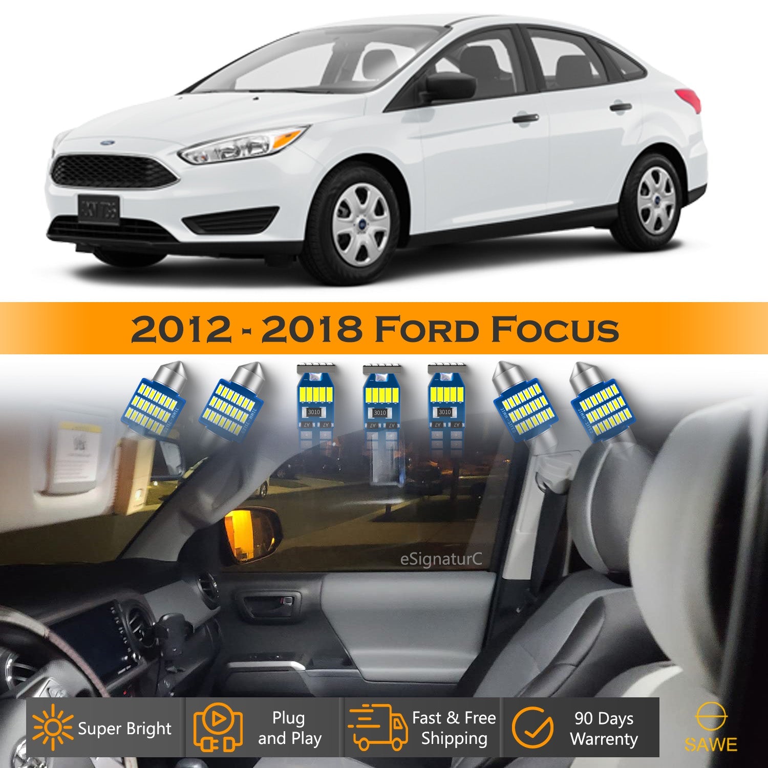 For Ford Focus Interior LED Lights - Dome & Map Light Bulbs Package Kit for 2012 - 2018 - White SAWE Lighting