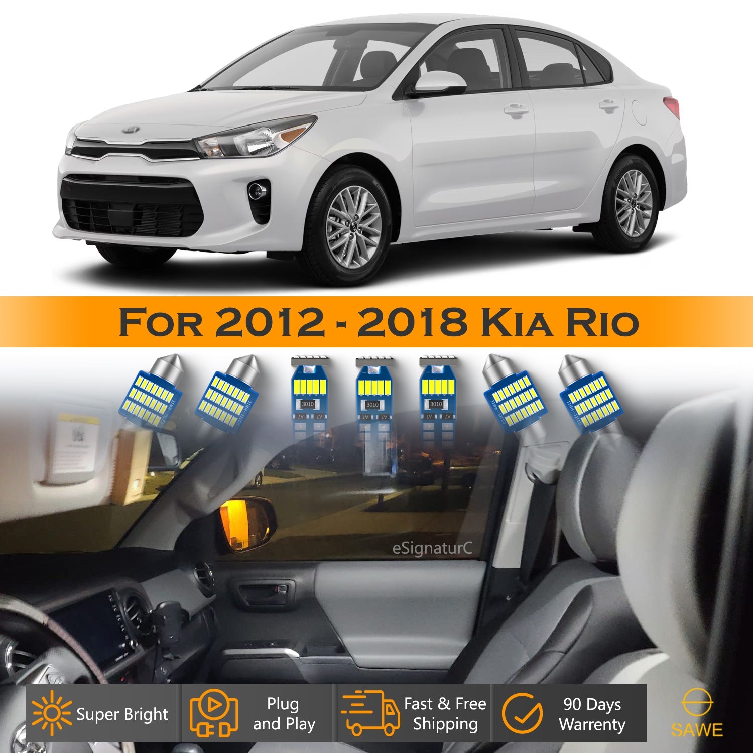 For Kia Rio Interior LED Lights - Dome & Map Light Bulbs Package Kit for 2012 - 2018 - White SAWE Lighting
