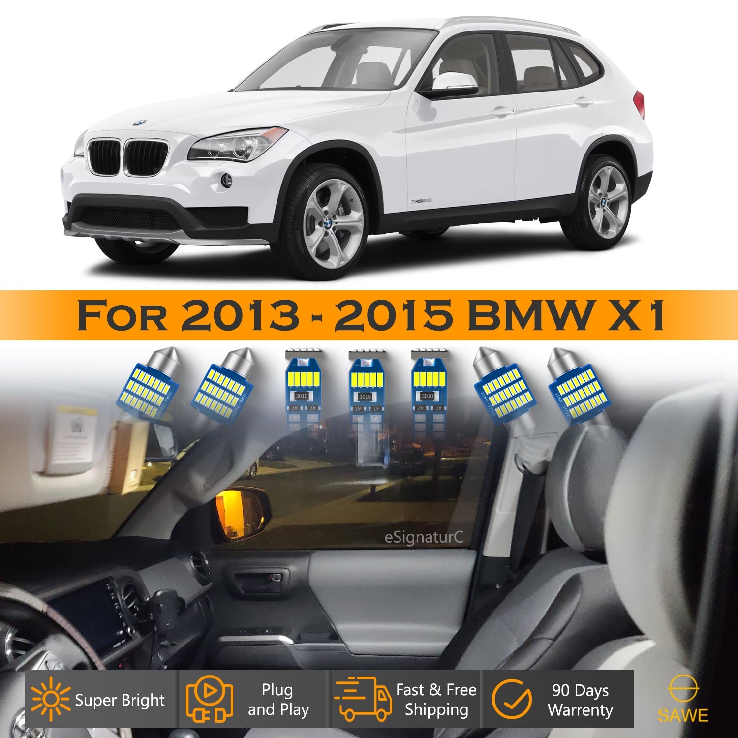For BMW X1 Interior LED Lights - Dome & Map Light Bulb Package Kit for 2013 - 2015 - White SAWE Lighting