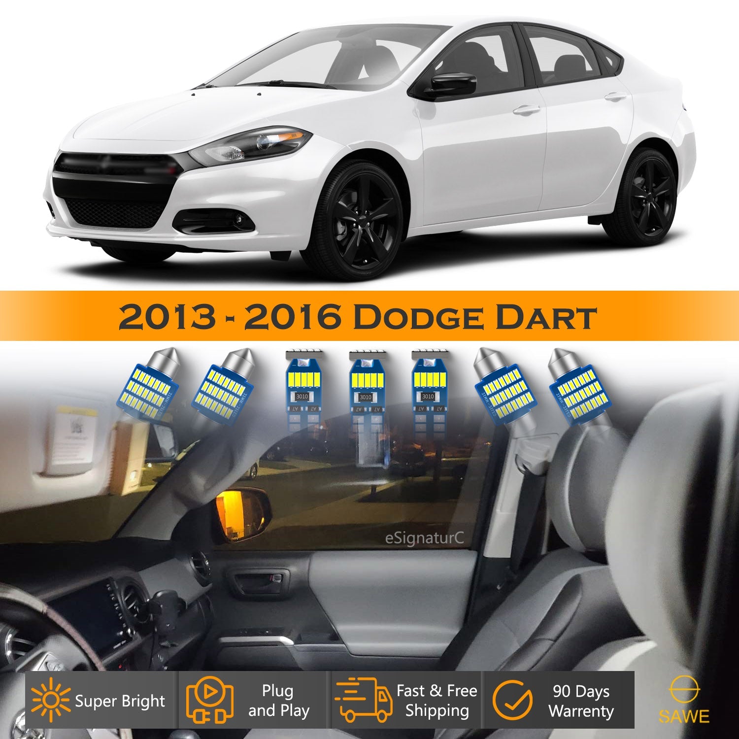 For Dodge Dart Interior LED Lights - Dome & Map Lights Package Kit for 2013 - 2016 - White SAWE Lighting