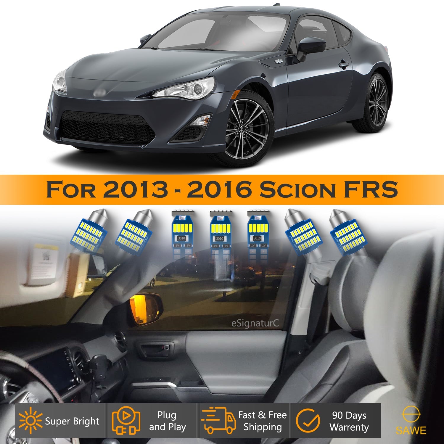 For Scion FRS Interior LED Lights - Dome & Map Light Bulbs Package Kit for 2013 - 2016 - White SAWE Lighting