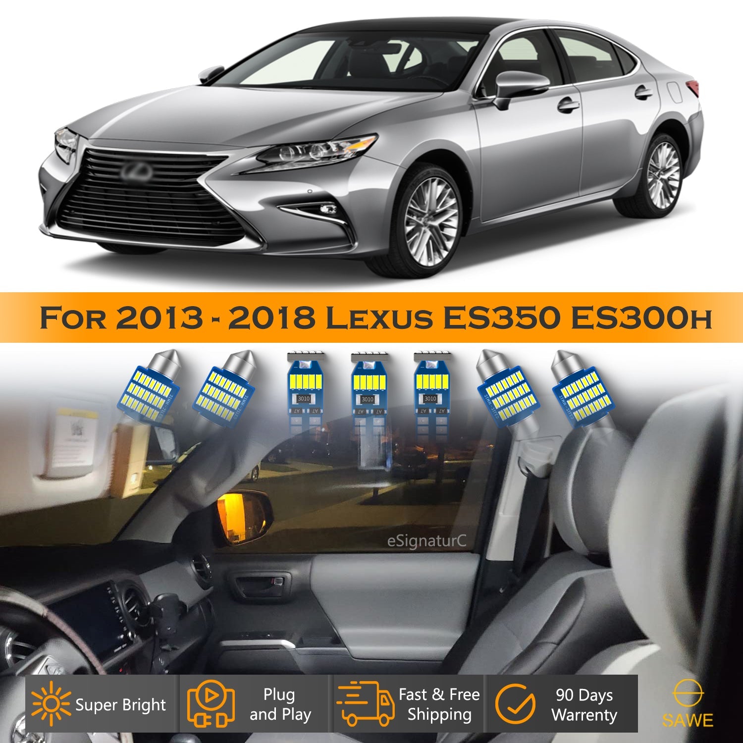 For Lexus ES350 ES300h Interior LED Lights - Dome & Map Light Bulbs Package Kit for 2013 - 2018 - White SAWE Lighting