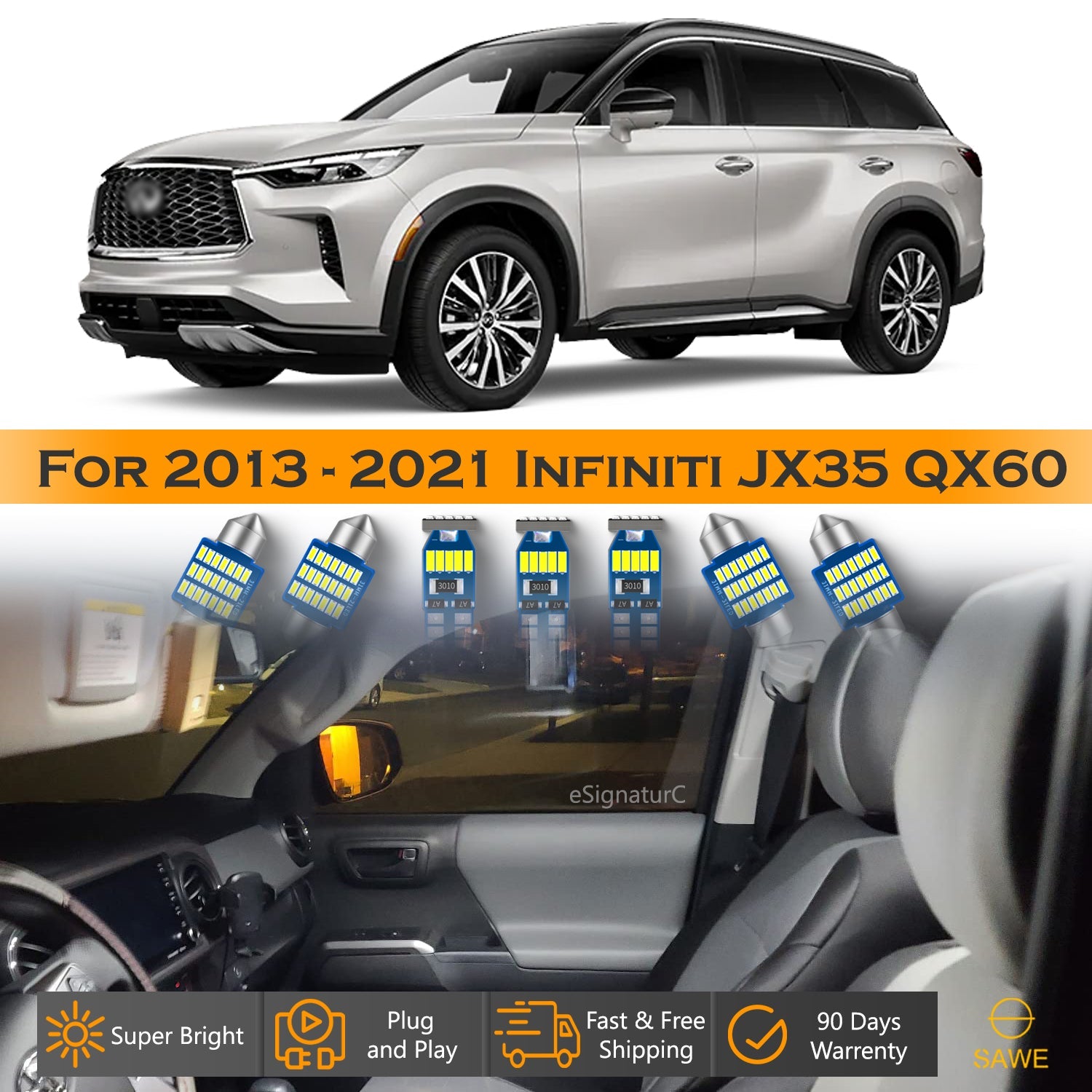For Infiniti JX35 QX60 Interior LED Lights - Dome & Map Light Bulbs Package Kit for 2013 - 2021 - White SAWE Lighting