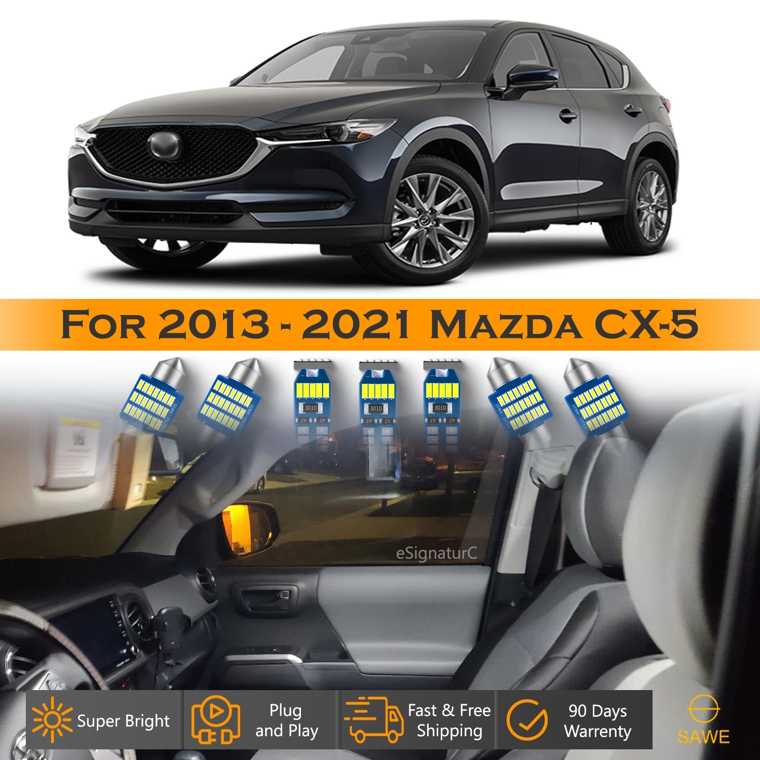 For Mazda CX5 CX-5 Interior LED Lights - Dome & Map Light Bulbs Package Kit for 2013 - 2021 - White SAWE Lighting