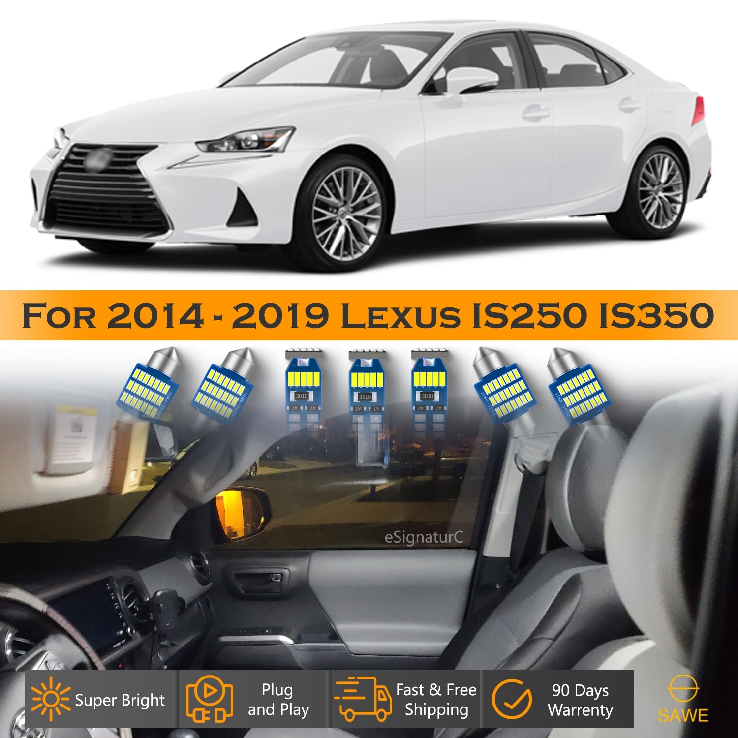 For Lexus IS250 IS300 IS350 Interior LED Lights - Dome & Map Light Bulbs Package Kit for 2014 - 2019 - White SAWE Lighting
