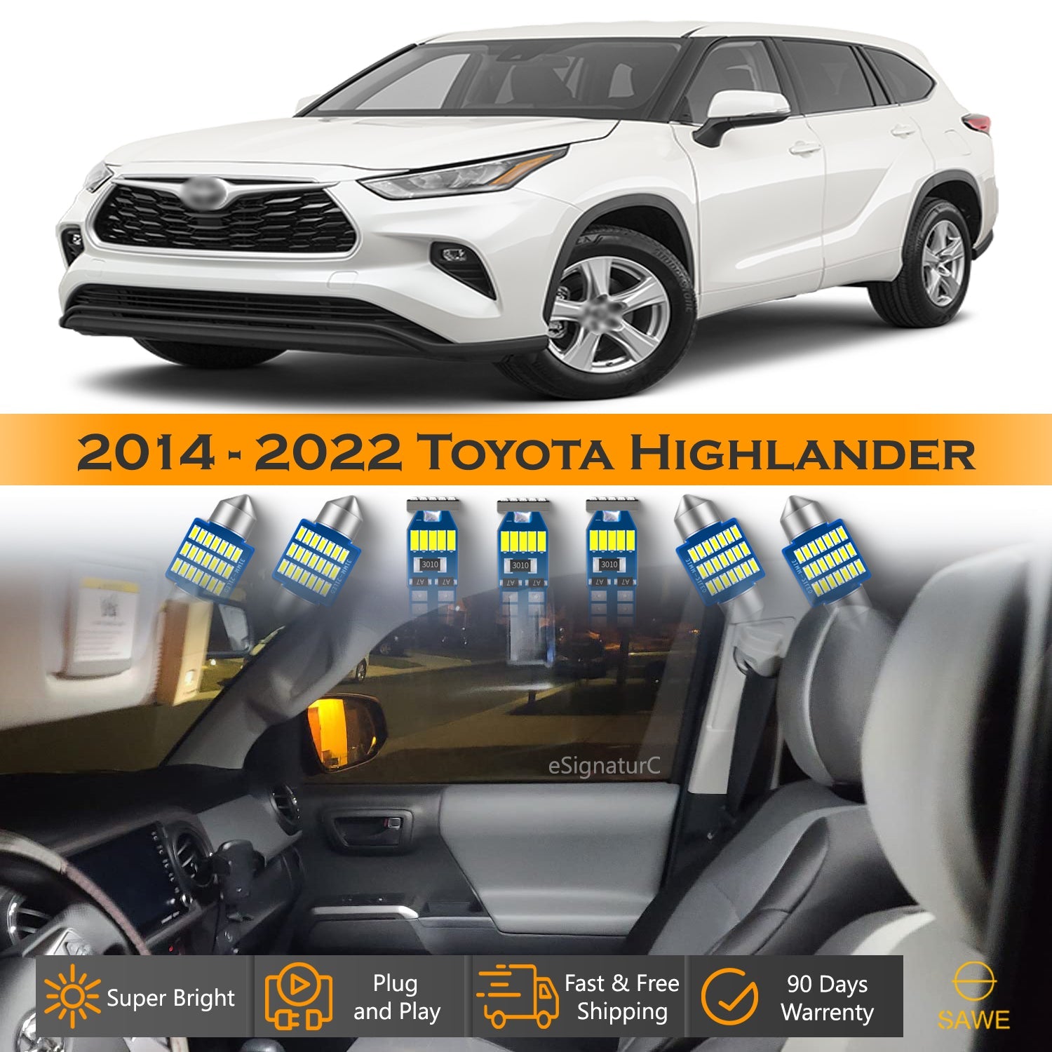 For Toyota Highlander Interior LED Lights - Dome & Map Lights Package Kit for 2014 - 2022 - White SAWE Lighting