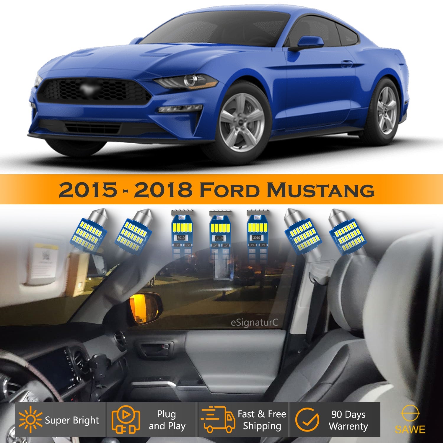 For Ford Mustang Interior LED Lights - Dome & Map Light Bulbs Package Kit for 2015 - 2018 - White SAWE Lighting