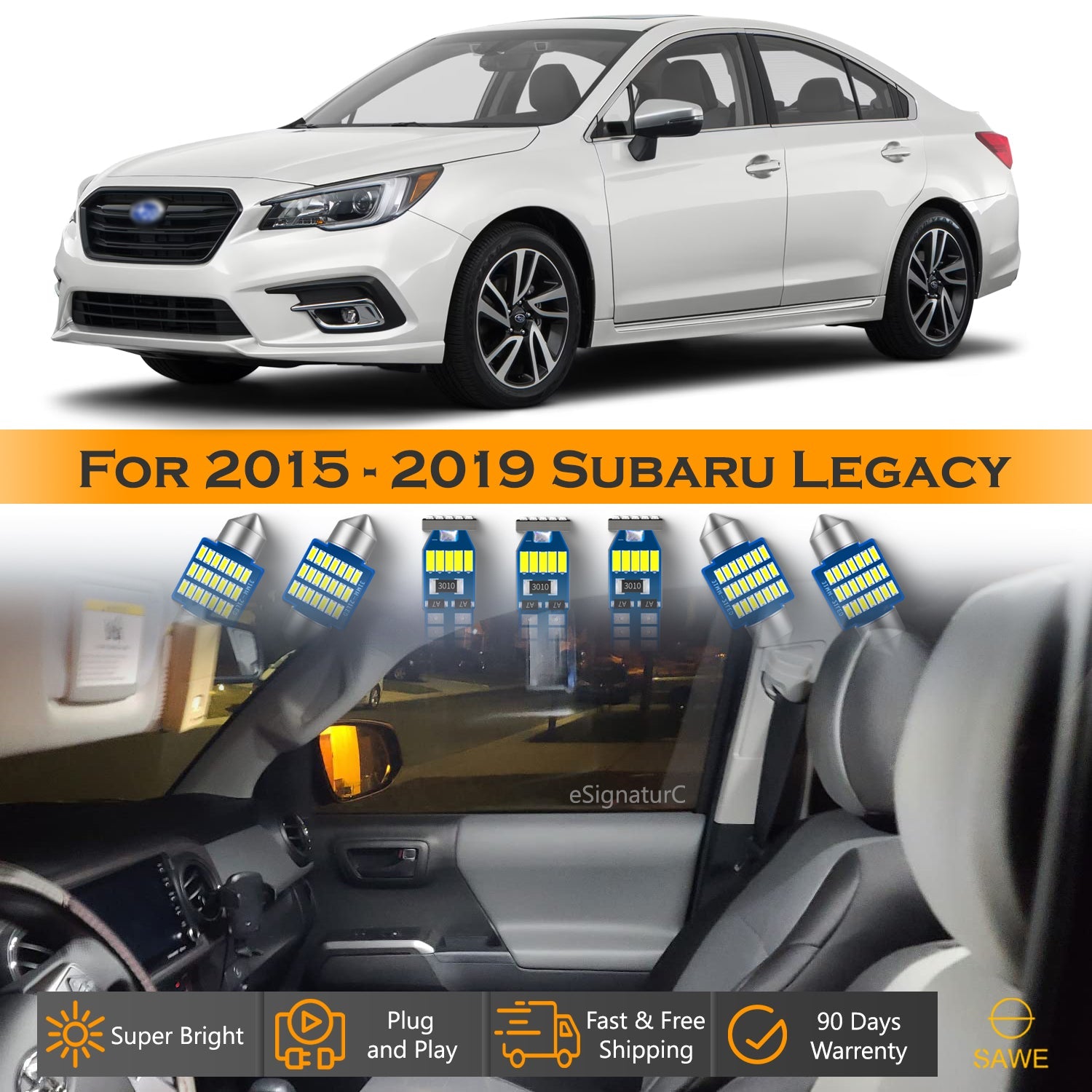 For Subaru Legacy Interior LED Lights - Dome & Map Light Bulbs Package Kit for 2015 - 2019 - White SAWE Lighting