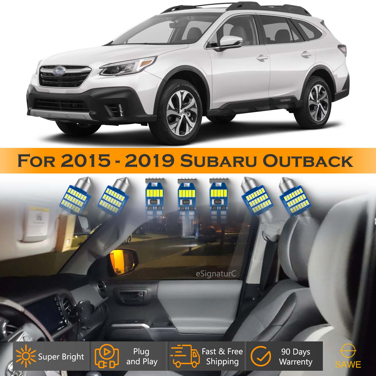 For Subaru Outback Interior LED Lights - Dome & Map Light Bulbs Package Kit for 2015 - 2019 - White SAWE Lighting