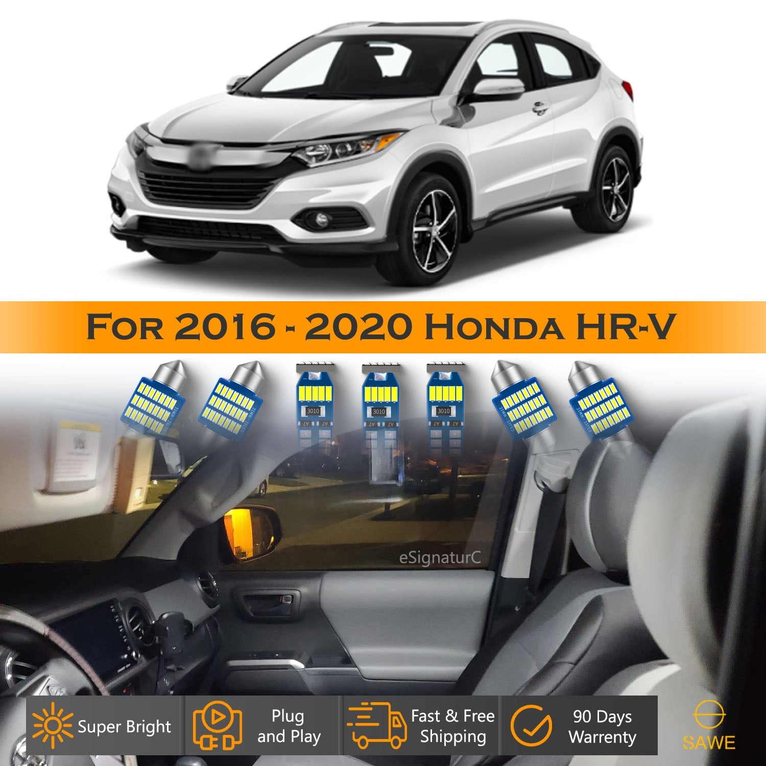 For Honda HR-V HRV Interior LED Lights - Dome & Map Lights Package Kit for 2016 - 2022 - White SAWE Lighting