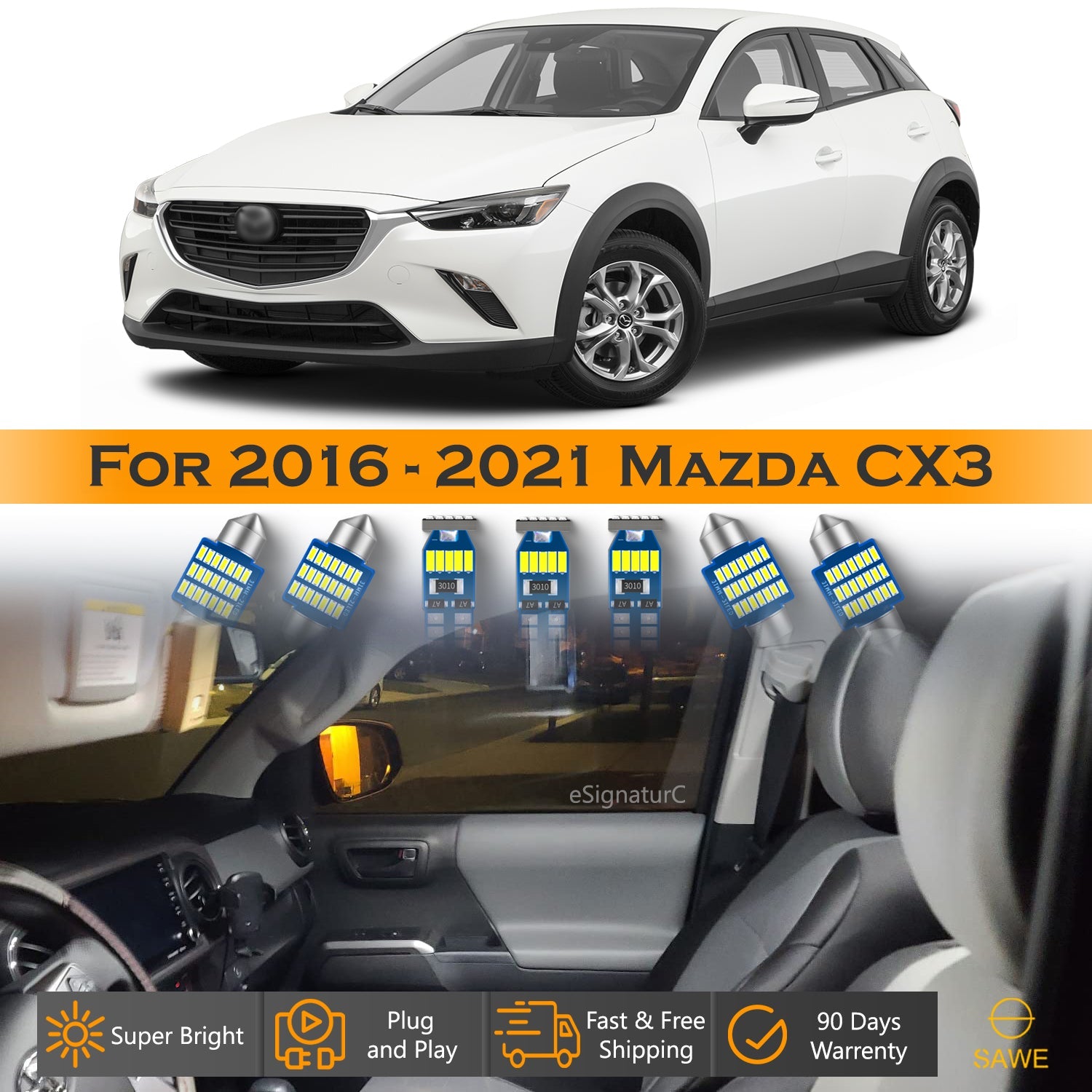 For Mazda CX3 CX-3 Interior LED Lights - Dome & Map Light Bulbs Package Kit for 2016 - 2021 - White SAWE Lighting