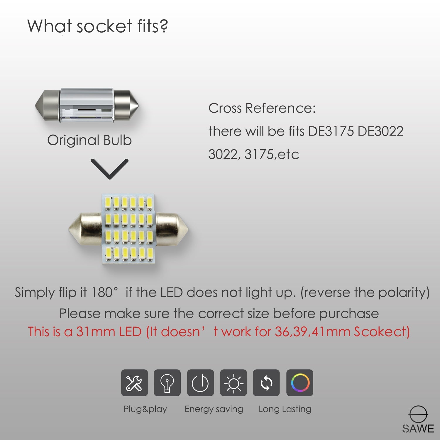 SAWE ® 31MM LED Interior Bulbs for Truck Map Dome Festoon Light 24SMD DE3022 DE3175 - White SAWE Lighting