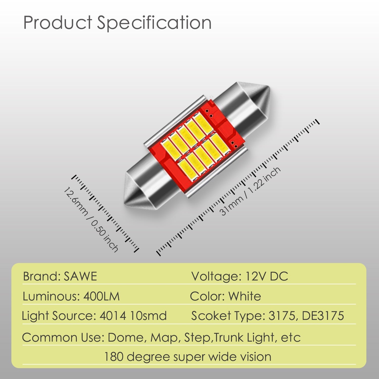 SAWE ® 31MM Festoon DE3175 LED Map Dome Interior Light Bulbs CANBUS - 6000K White SAWE Lighting