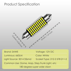 SAWE ® 578 211-2 212-2 41mm 42mm LED Bulb 3014 33SMD Interior Dome Map Door Courtesy Light Trunk Cargo Lights - White SAWE Lighting