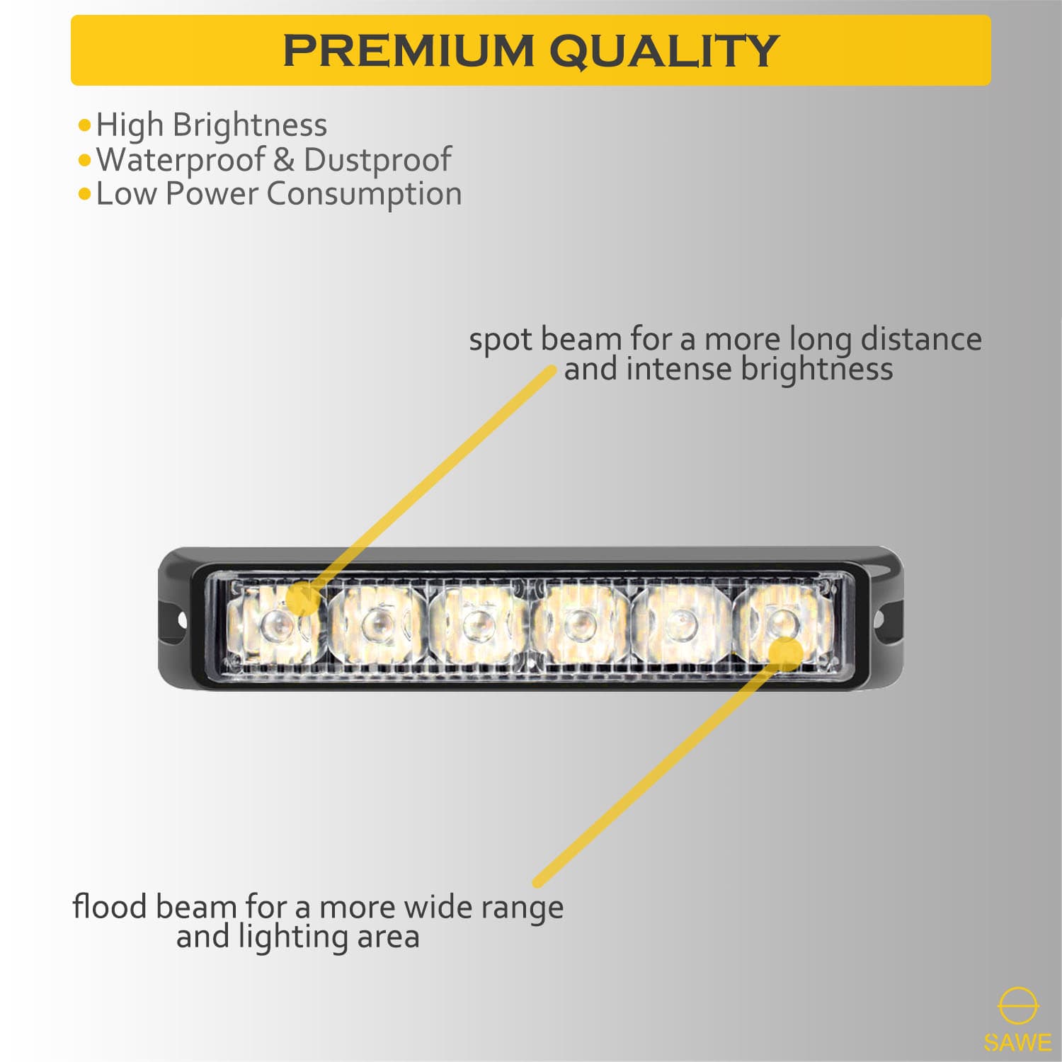 Premier Emergency LED Strobe Lights Bar for Offroad Car Truck Warning Hazard Flash Grille and Surface Mount Light - Amber 6-LED SAWE Lighting