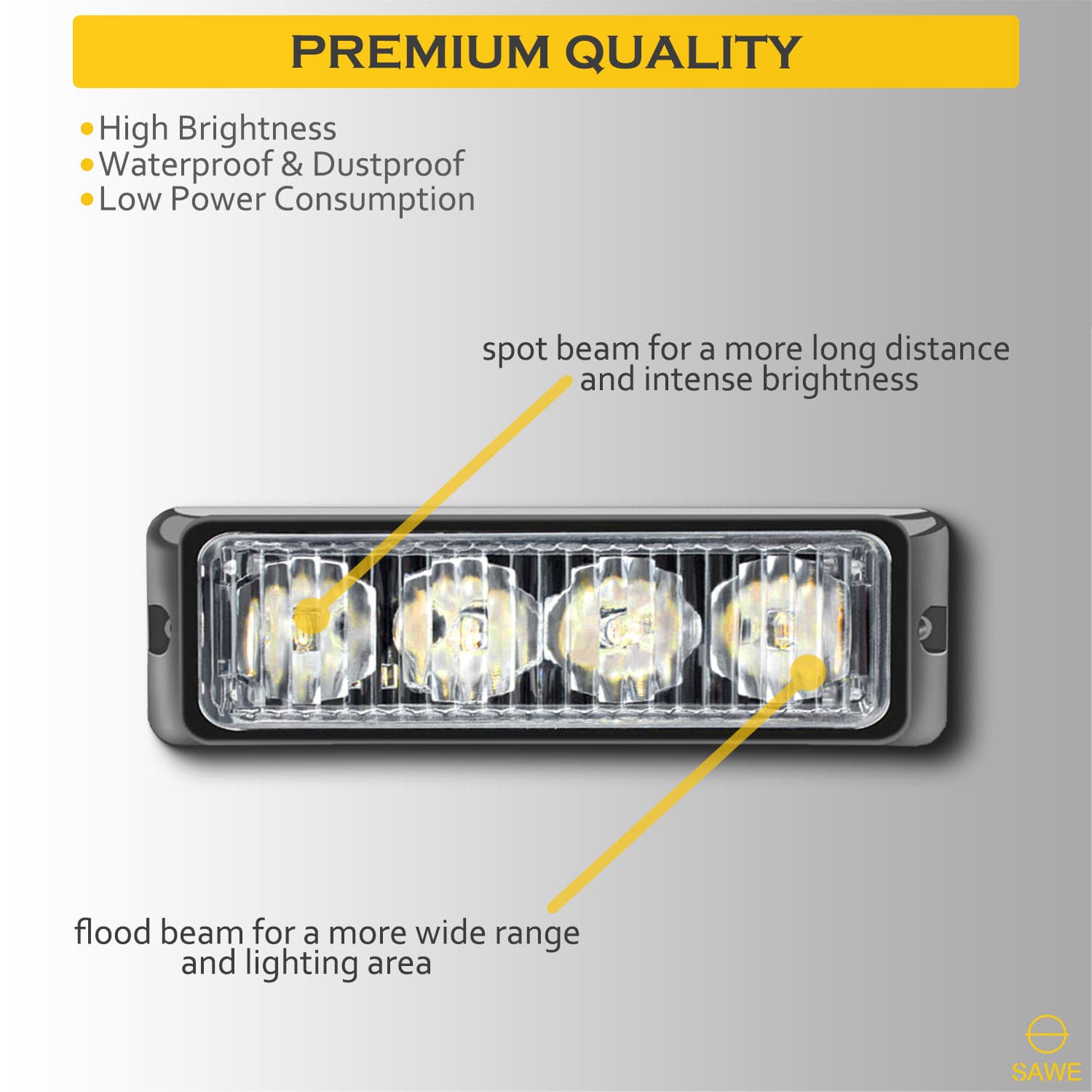 Premier Emergency LED Strobe Lights Bar for Offroad Car Truck Warning Hazard Flash Grille and Surface Mount Light - Amber 4-LED SAWE Lighting